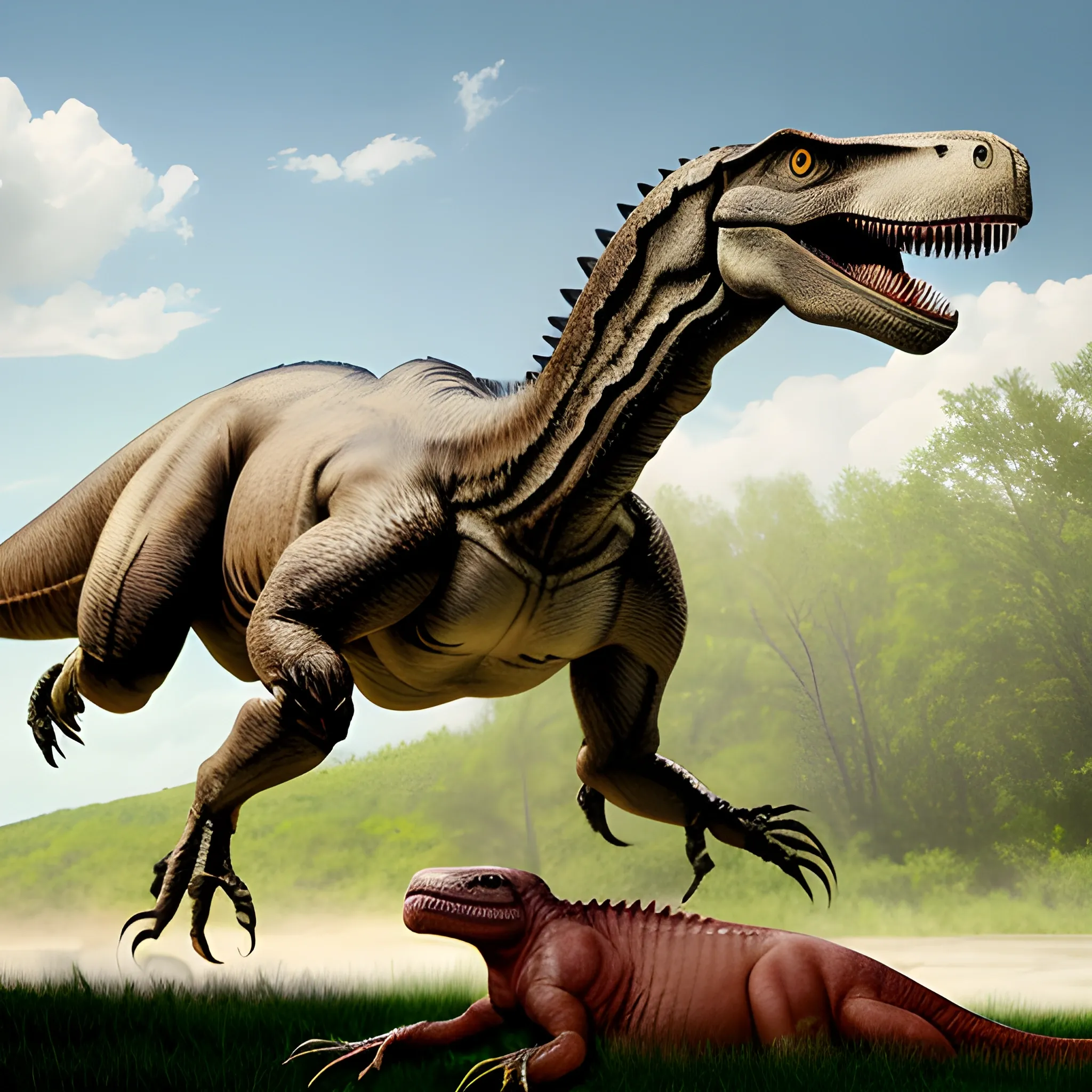 a real picture of a horse lying on the ground, with a T-rex approaching from the left, and a velociraptor on the right