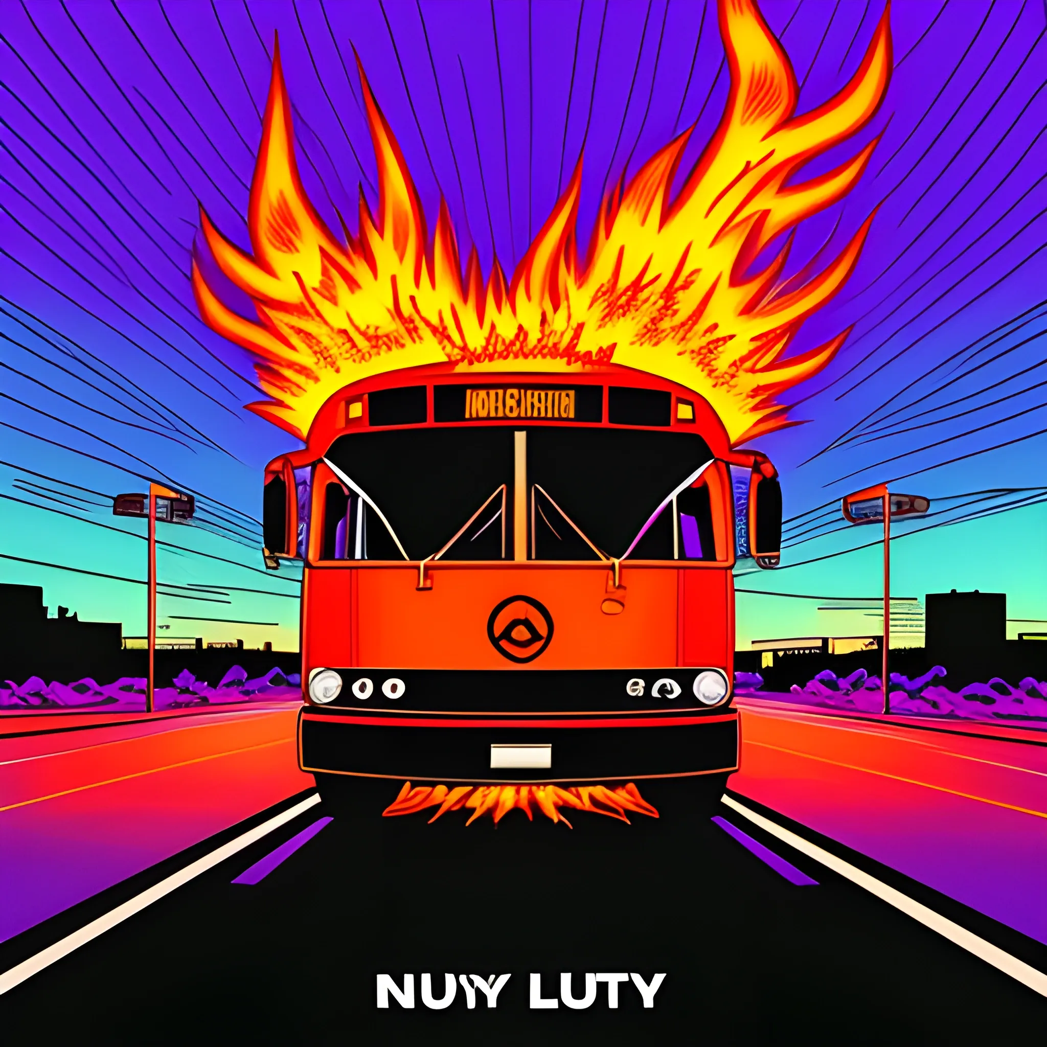 Hip-hop/rap album cover of a school bus burning in flames in a lonely parking lot at night with a 90s aesthetic, with text below the image saying "Runaway", Cartoon, Trippy