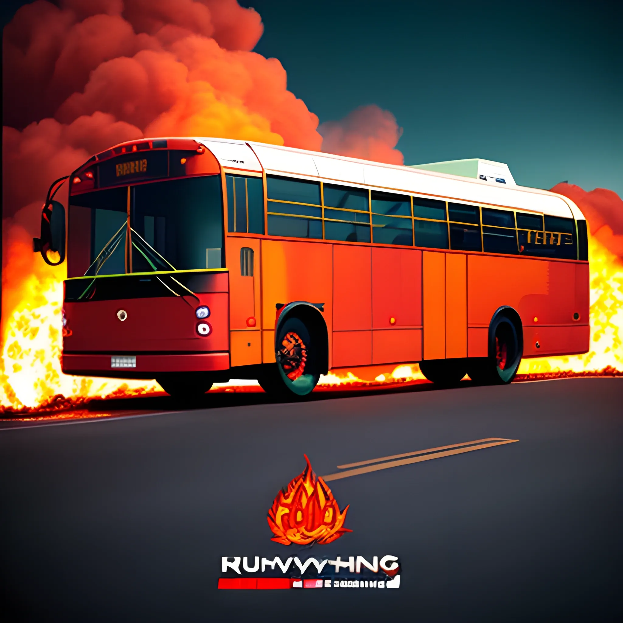 Hip-hop/rap album cover of a school bus burning in flames in a lonely parking lot at night with a 90s aesthetic, with text below the image saying "Runaway", 3D