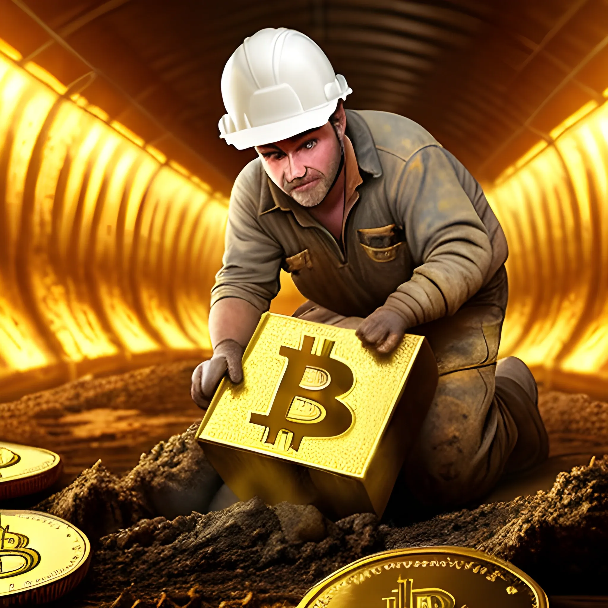 
miner working in a gold mine finds a bitcoin
