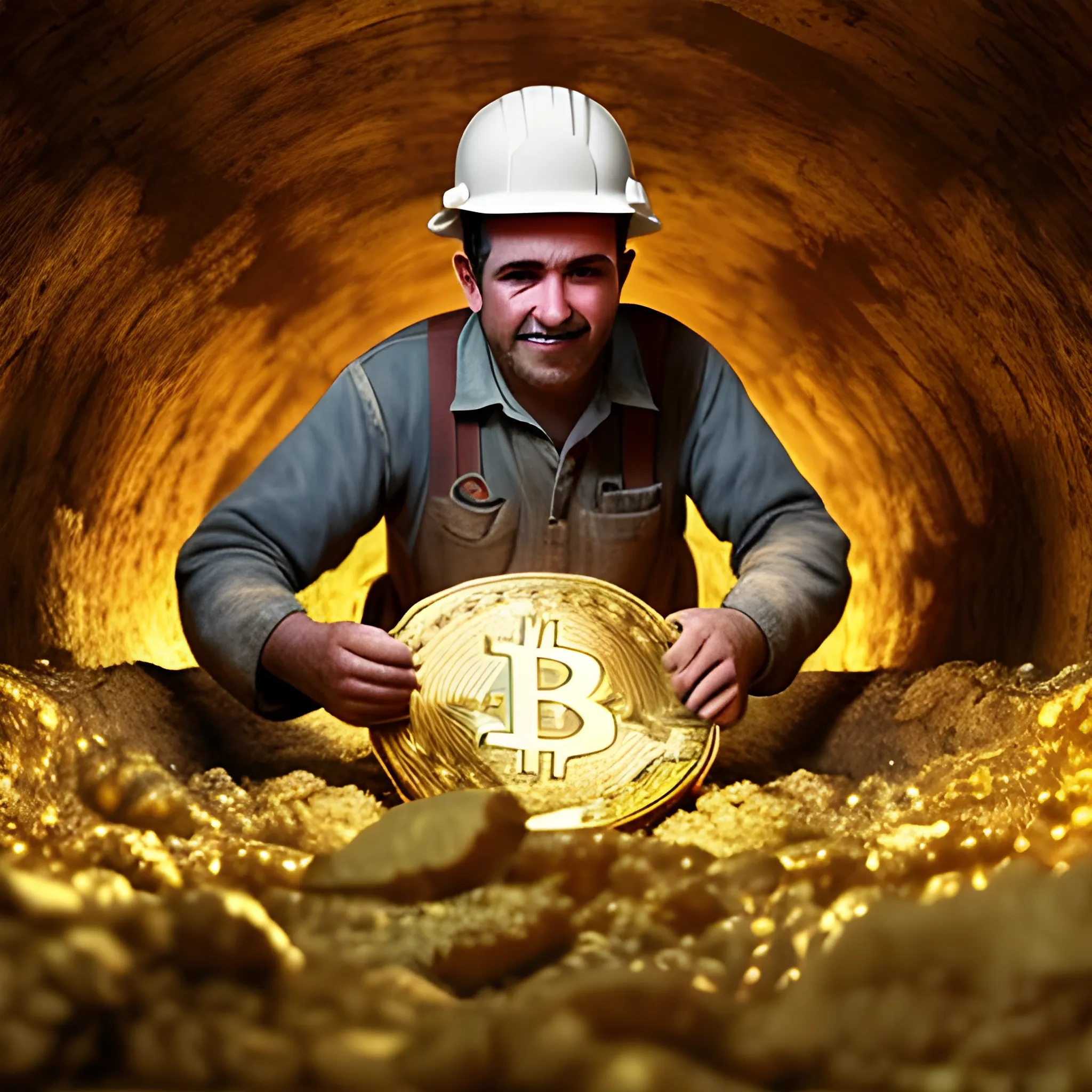 
miner working in a gold mine finds a bitcoin
