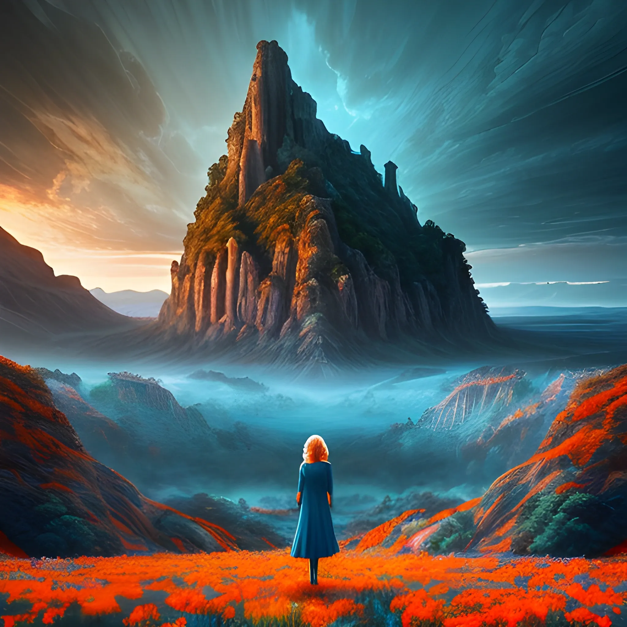 a beautiful landscape photo inspired by arcadia, cinematic atmospheric masterpiece, award winning, hyperdetailed, fantastic, wonderful with a mid-aged modern looking woman with mid-long hair looking at this scenary knowing she is happy after that life has made her strong, with blue and orange tones.

