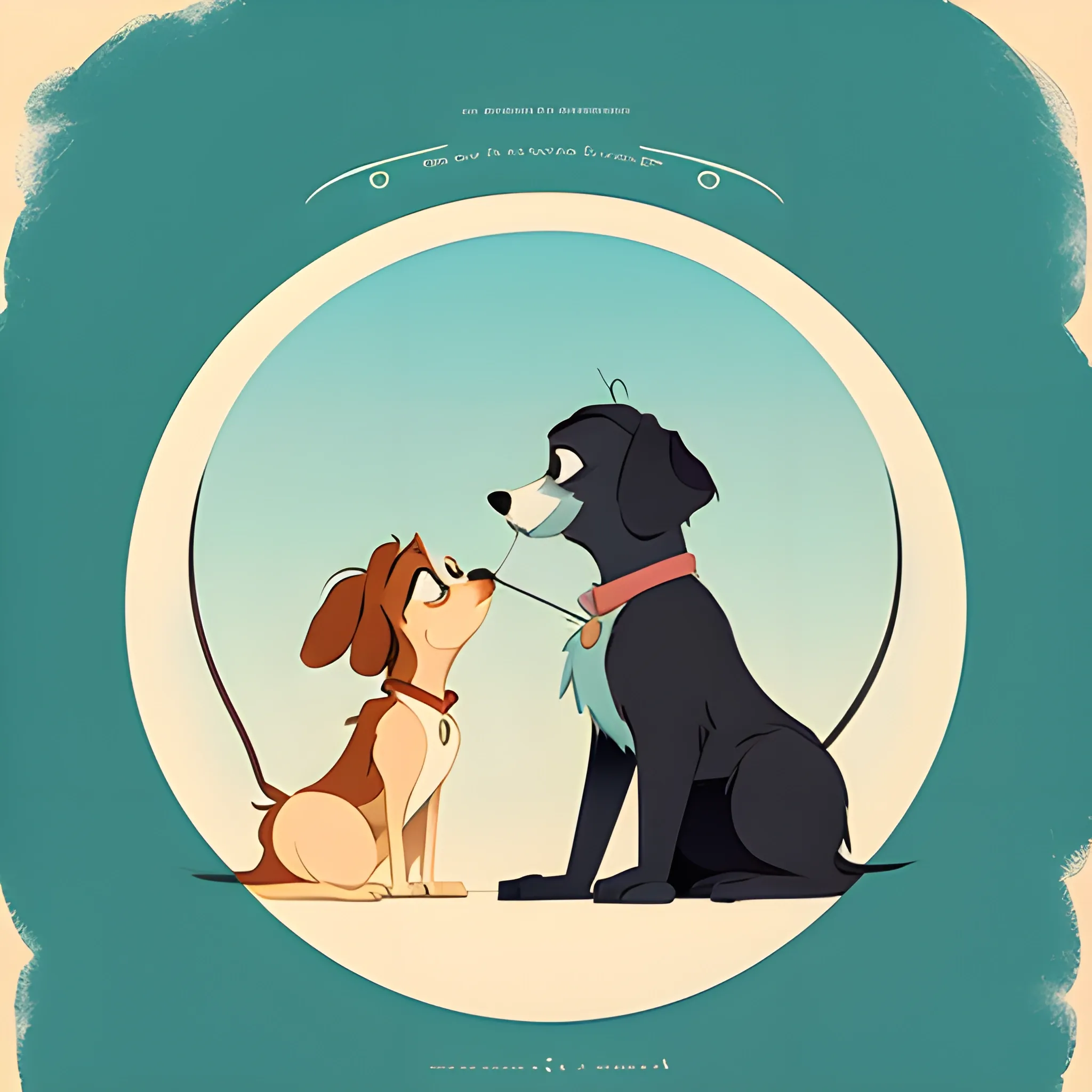 Create a new minimalist cartoon style poster of Disney's "Lady and the Tramp" movie, with the name "Lady and the Tramp" in elegant typography and placed in the center, with pastel colors