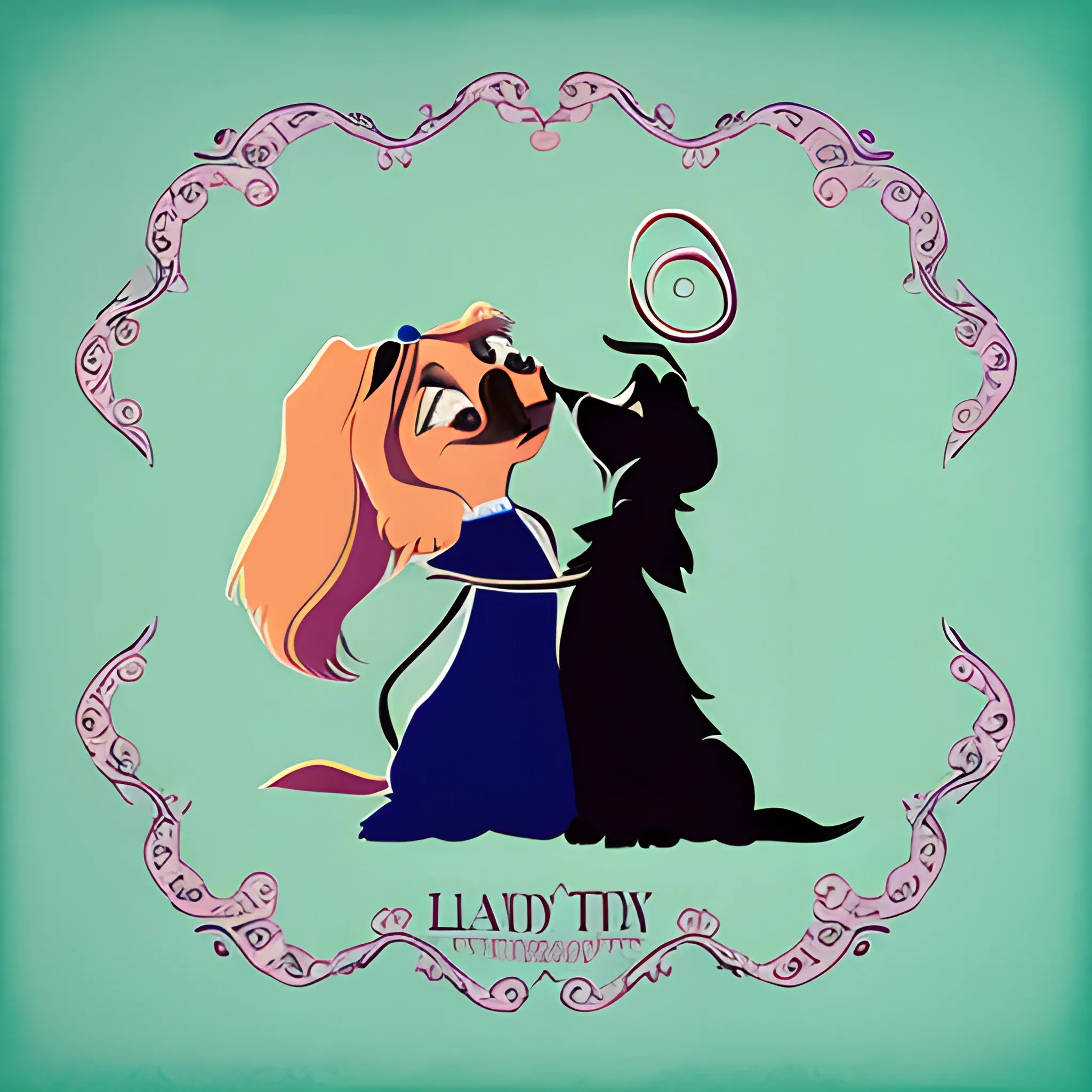 Create a new cartoon style poster using only shadows of the characters from Disney's "Lady and the Tramp" movie, with the name "Lady and the Tramp" in elegant typography and placed in the center, with pastel colors