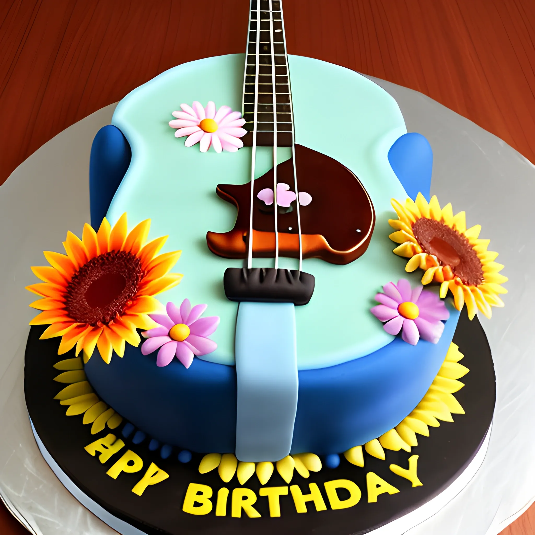 a birthday cake, a bass, flowers and the number 61, 3D