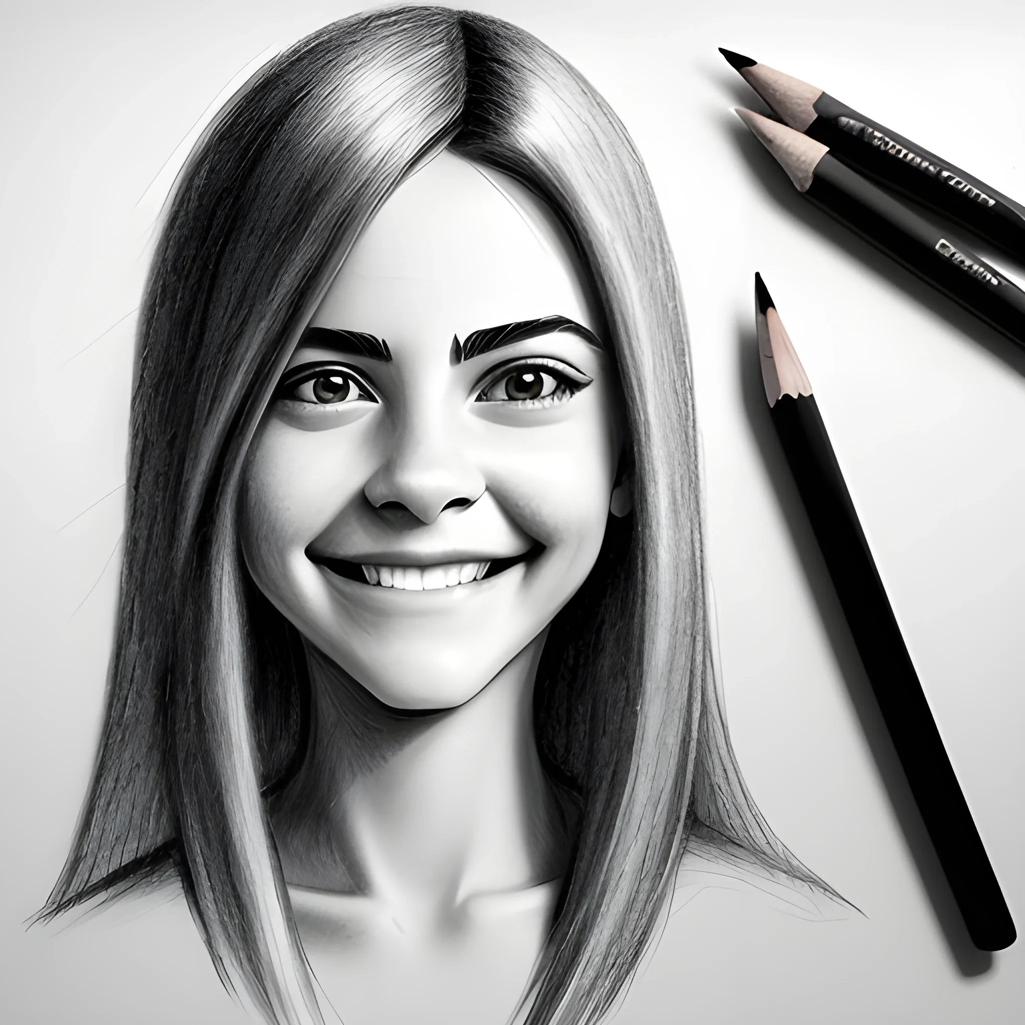 , Pencil Sketch, pelo largo, cara delgada, sonrisa, 3D, mujer de 38