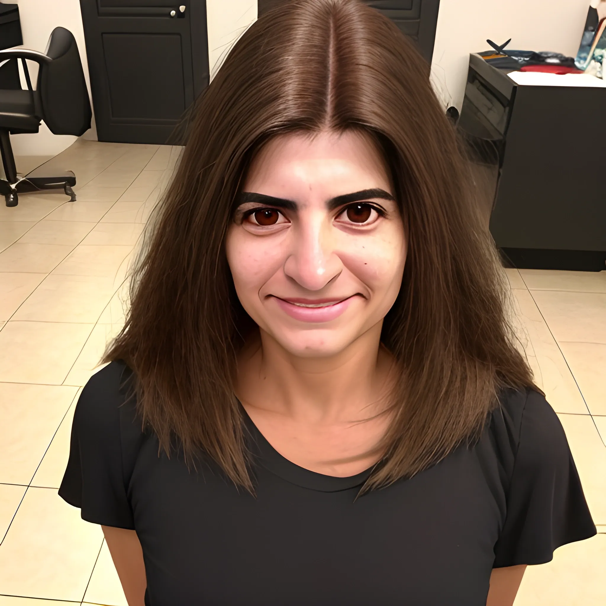  Pelo largo,  rubio oscuro, cara delgada, sonrisa, 3D, mujer de 25 años, argentina, ojos miel claros, vestida con un vestido rojo 