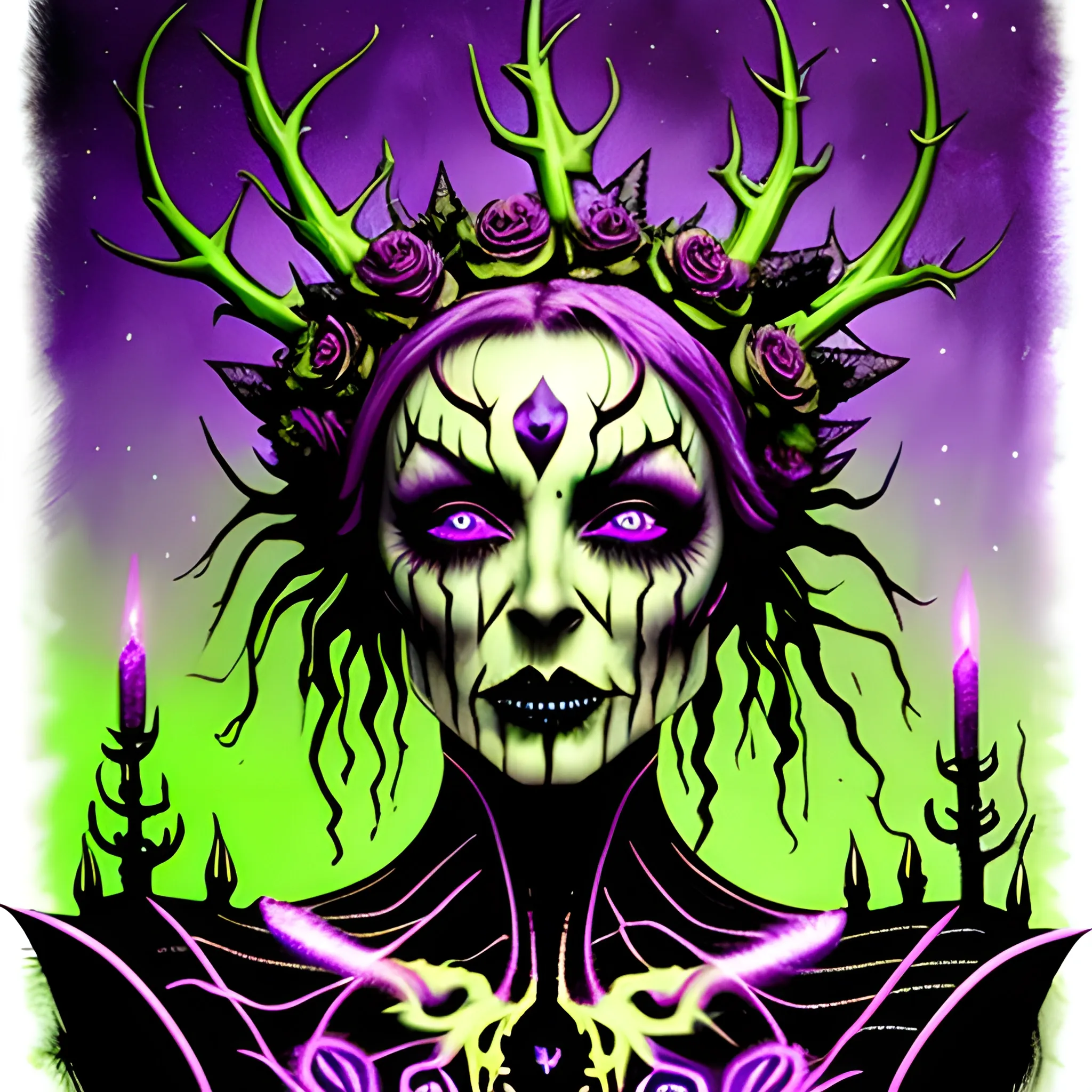 neon grape purple, dayglo orange, chartreuse green, Halloween, a beautiful woman wearing a thorny crown adorned with black roses, tiny green skulls and tiny orange pumpkins, tiny purple pumpkins, bats; Halloween, full moon in a nebula sky, graveyard, neon spray paint, acrylic paint, fantastical surrealist world, in the style of Stephen Gammell and Shawn Coss, extremely detailed, sick, gothic, eldritch, candles; blacklight art