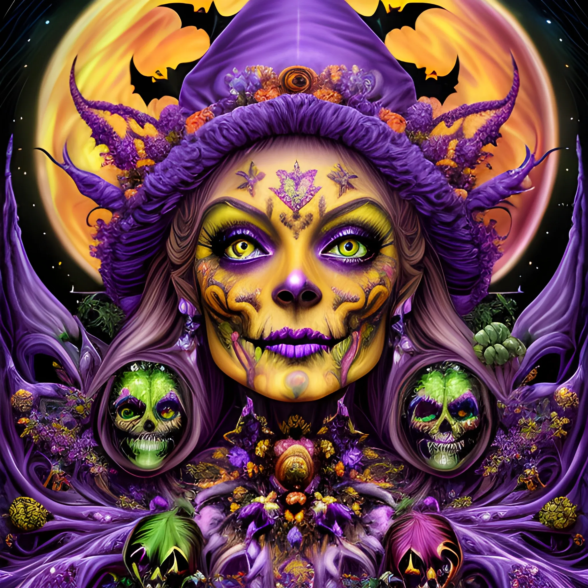  hyperdetailed oil on canvas, a beautiful Halloween Witch, detailed face; orange, green, purple, sparkle fairy dust, glitter, neon grape purple pumpkins, green skulls, orange bats, meticulously detailed; magic, surrounded by luminous color sparkles and marijuana plants, outdoors, starry night, full moon in a psychedelic nebula sky