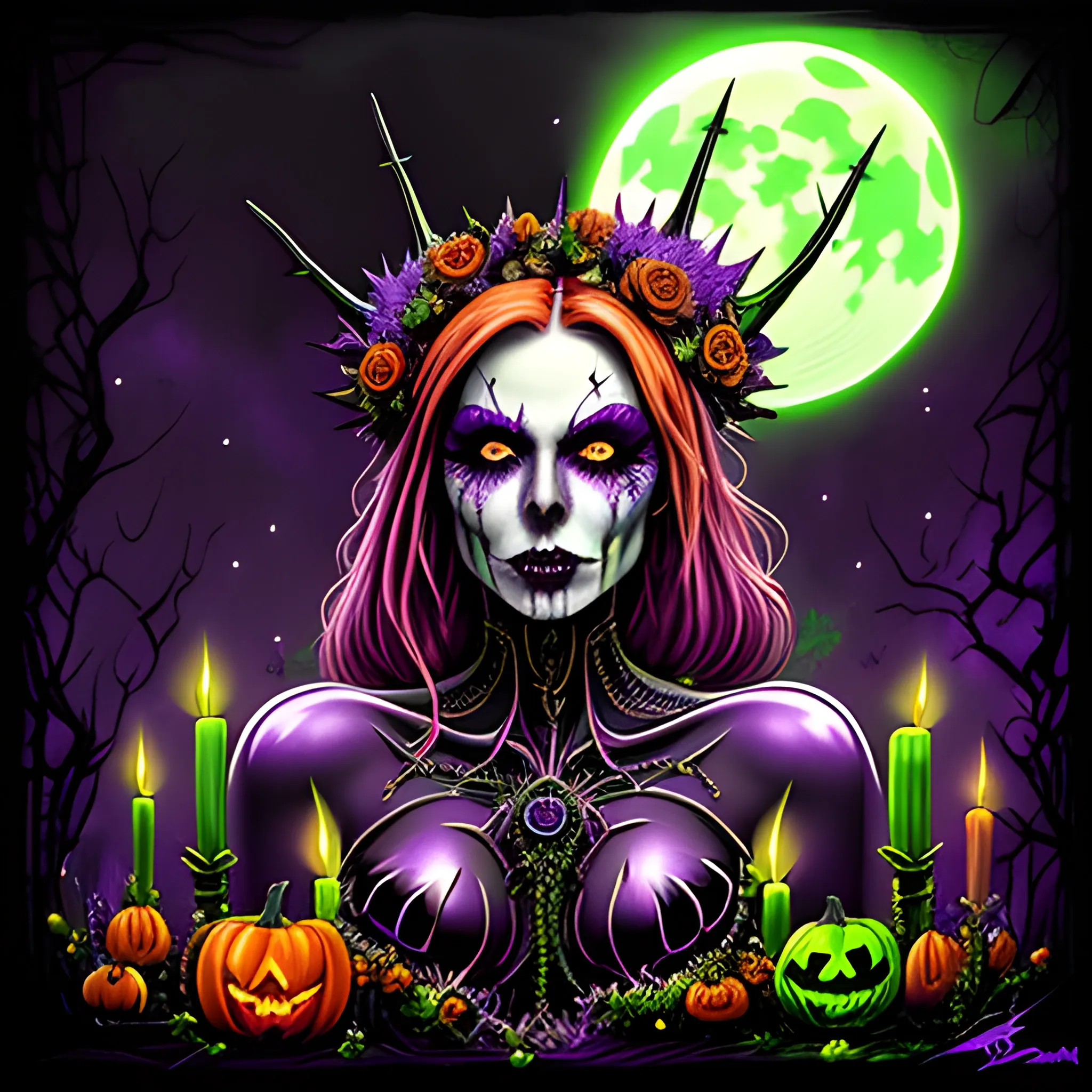 neon grape purple, dayglo orange, chartreuse green, Halloween, a beautiful woman wearing a thorny crown adorned with black roses, tiny green skulls and tiny orange pumpkins, tiny purple pumpkins, bats; Halloween, full moon in a nebula sky, graveyard, neon spray paint, acrylic paint, fantastical surrealist world, in the style of Stephen Gammell and Shawn Coss, extremely detailed, sick, gothic, eldritch, candles; blacklight art