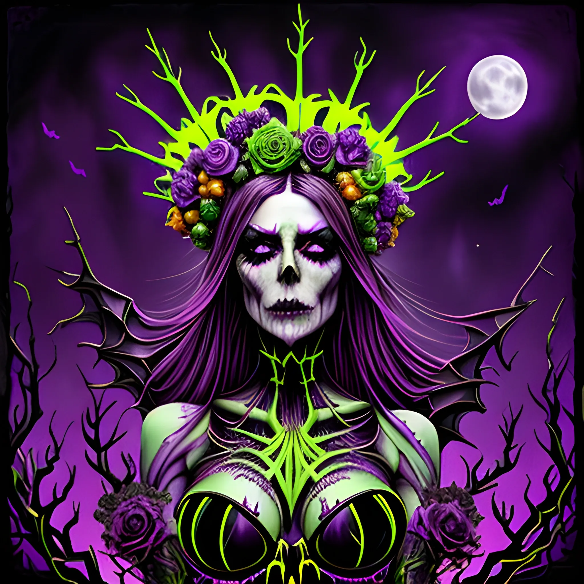 neon grape purple, dayglo orange, chartreuse green, Halloween, a beautiful woman wearing a thorny crown adorned with black roses, tiny green skulls and tiny orange pumpkins, tiny purple pumpkins, bats; Halloween, full moon in a nebula sky, graveyard, neon spray paint, acrylic paint, fantastical surrealist world, in the style of Stephen Gammell and Shawn Coss, extremely detailed, sick, gothic, eldritch, candles; blacklight art