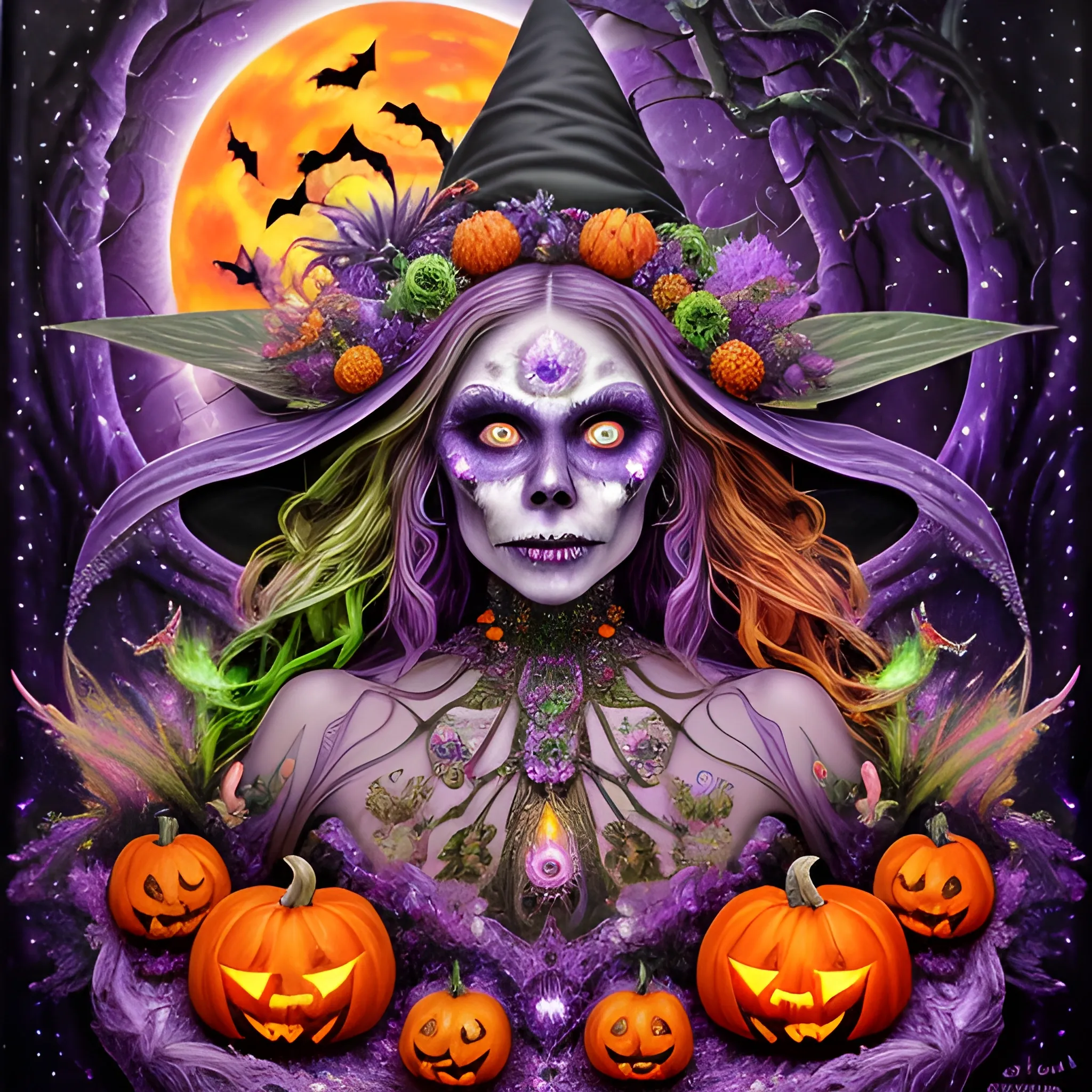 hyperdetailed oil on canvas, a beautiful Halloween Witch, detailed face; orange, green, purple, sparkle fairy dust, glitter, neon grape purple pumpkins, green skulls, orange bats, meticulously detailed; magic, surrounded by luminous color sparkles and marijuana plants, outdoors, starry night, full moon in a psychedelic nebula sky