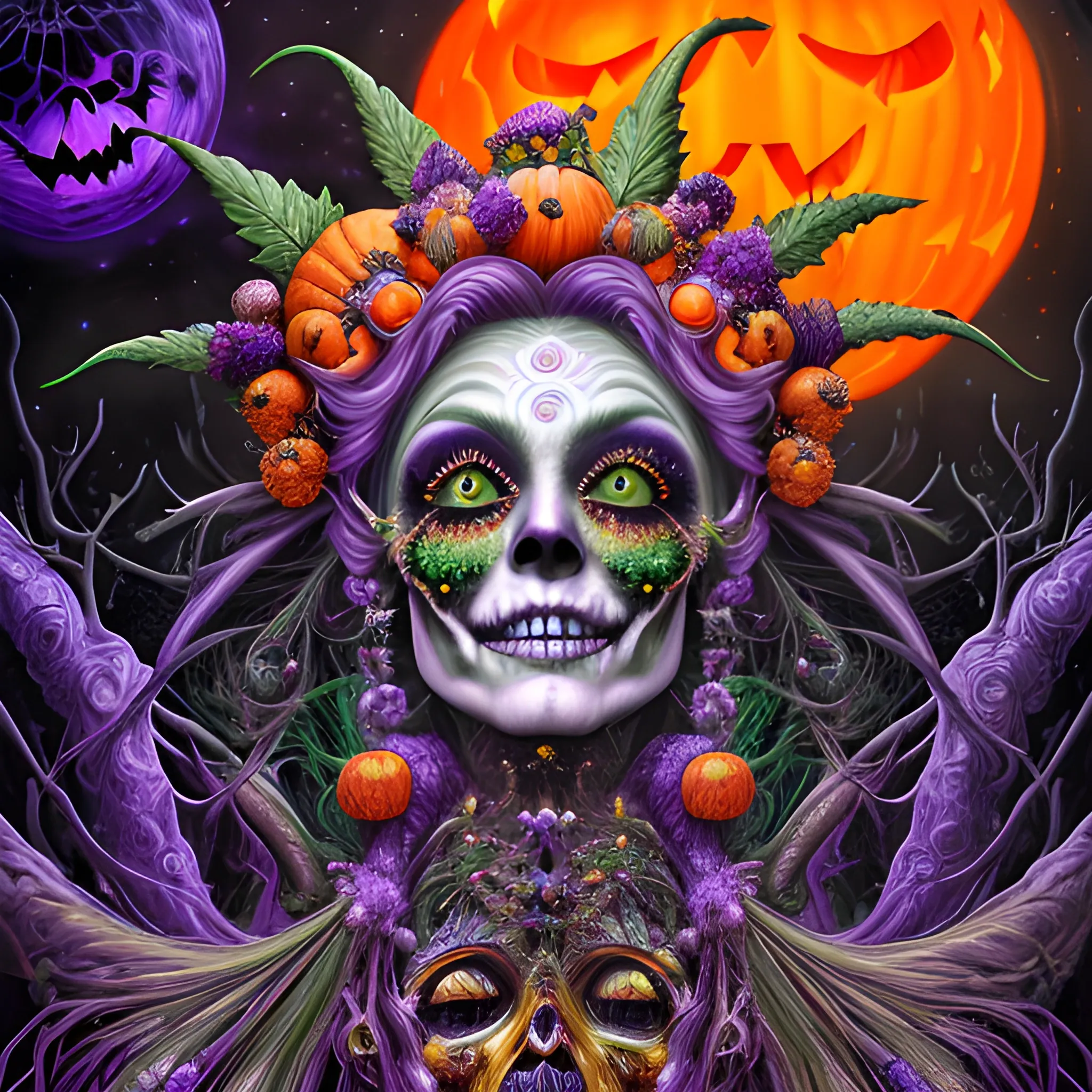  hyperdetailed oil on canvas, a beautiful Halloween Witch, detailed face; orange, green, purple, sparkle fairy dust, glitter, neon grape purple pumpkins, green skulls, orange bats, meticulously detailed; magic, surrounded by luminous color sparkles and marijuana plants, outdoors, starry night, full moon in a psychedelic nebula sky