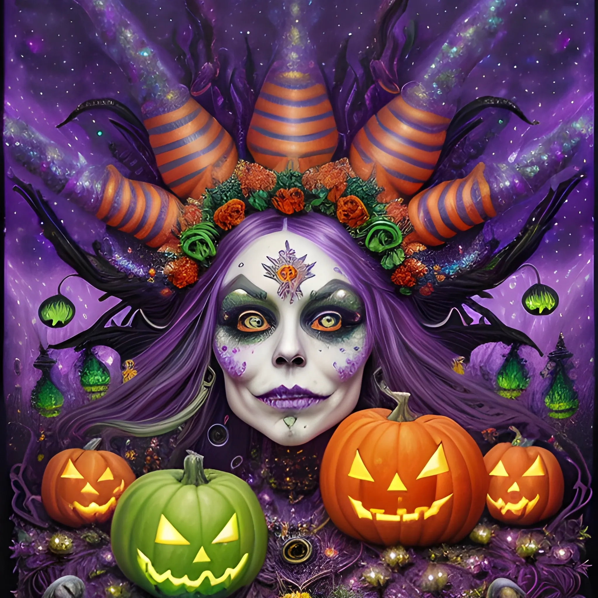 hyperdetailed oil on canvas, a beautiful Halloween Witch, detailed face; orange, green, purple, sparkle fairy dust, glitter, neon grape purple pumpkins, green skulls, orange bats, meticulously detailed; magic, surrounded by luminous color sparkles and marijuana plants, outdoors, starry night, full moon in a psychedelic nebula sky