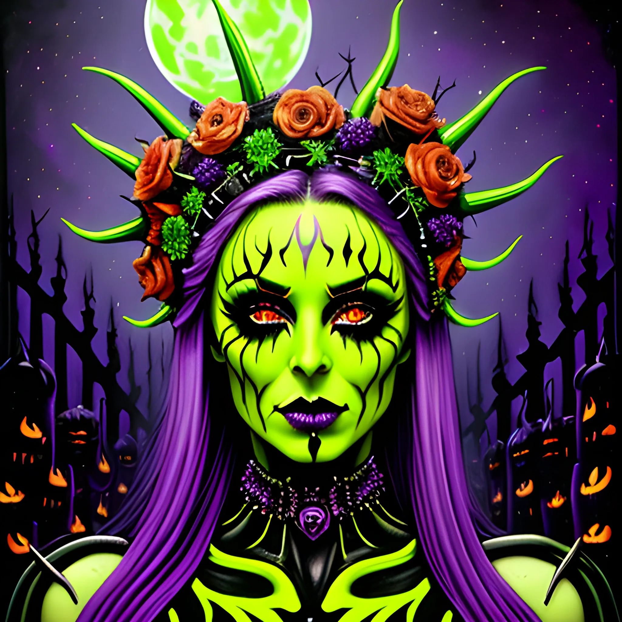 neon grape purple, dayglo orange, chartreuse green, Halloween, a beautiful woman wearing a thorny crown adorned with black roses, tiny green skulls and tiny orange pumpkins, tiny purple pumpkins, bats; Halloween, full moon in a nebula sky, graveyard, neon spray paint, acrylic paint, fantastical surrealist world, in the style of Stephen Gammell and Shawn Coss, extremely detailed, sick, gothic, eldritch, candles; blacklight art