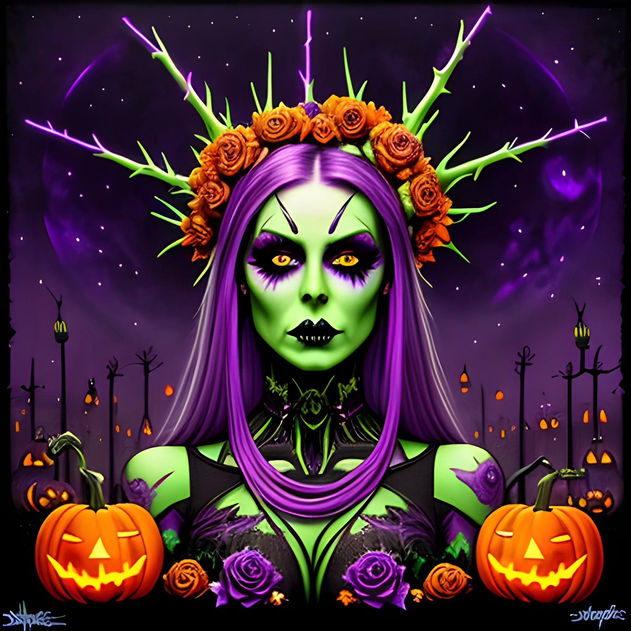 neon grape purple, dayglo orange, chartreuse green, Halloween, a beautiful woman wearing a thorny crown adorned with black roses, tiny green skulls and tiny orange pumpkins, tiny purple pumpkins, bats; Halloween, full moon in a nebula sky, graveyard, neon spray paint, acrylic paint, fantastical surrealist world, in the style of Stephen Gammell and Shawn Coss, extremely detailed, sick, gothic, eldritch, candles; blacklight art