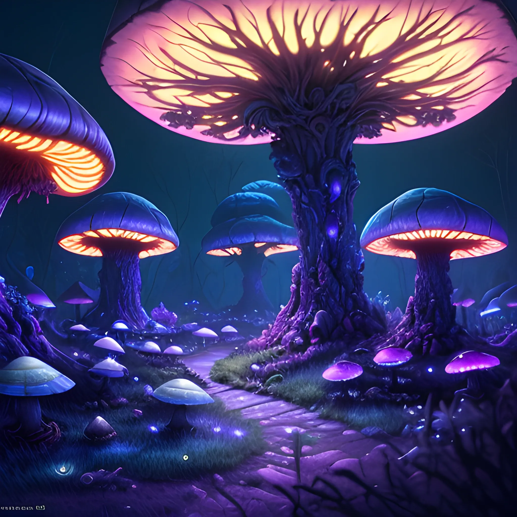 concept art painting of a fantasy alien fungal landscape at night, with glowing blue lights, glowing blue mushrooms, dark purple sky, realistic, detailed, cel shaded, in the style of makoto shinkai and greg rutkowski and albert bierstadt and james gurney, 3D, 3D