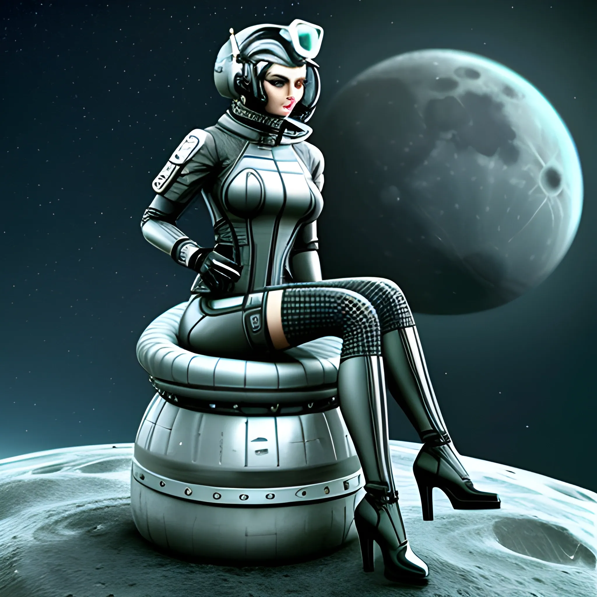 A cute little girl sitting on the moon, punk style, sophisticated clothing, 3D