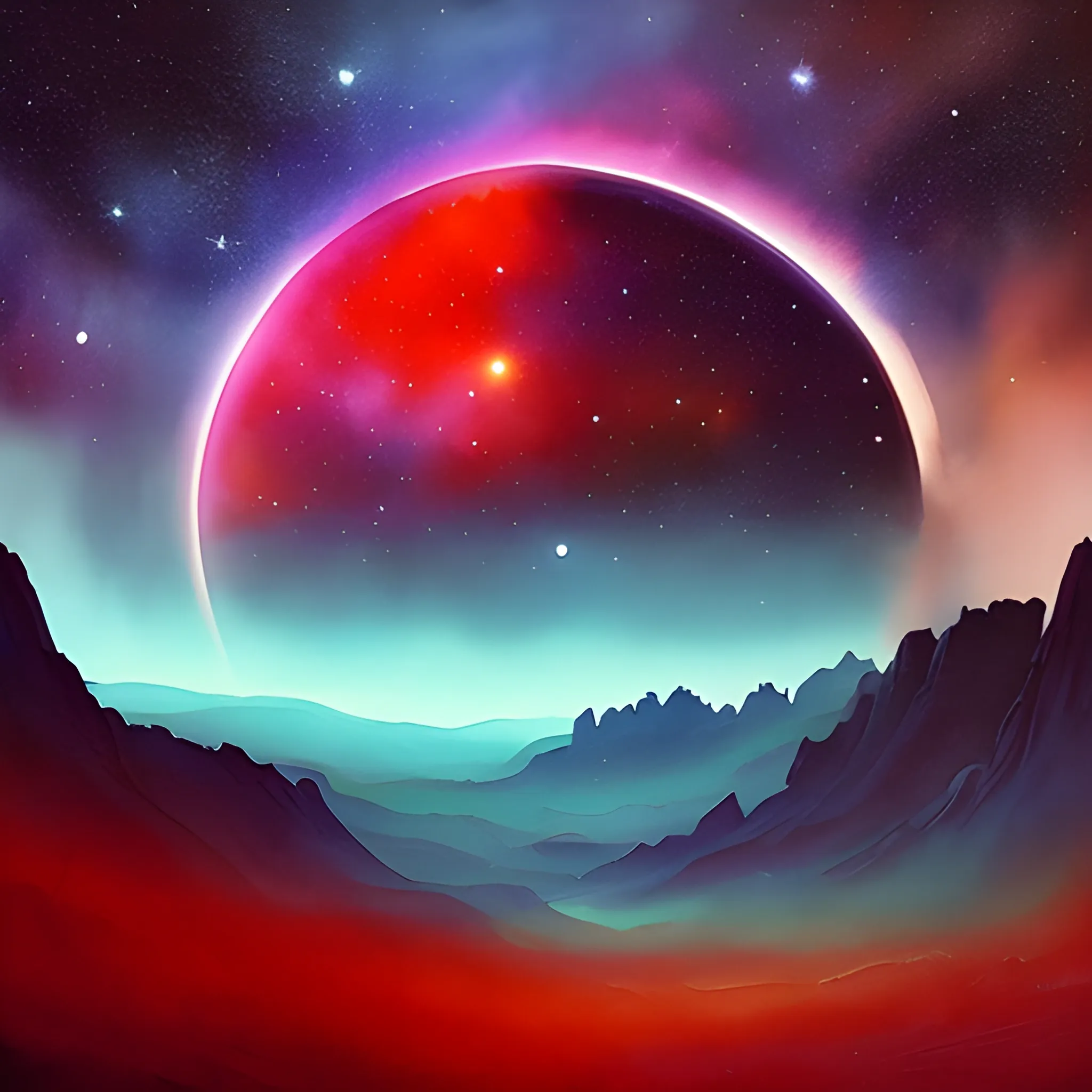 Create a space landscape in the style of the movie '2001: A Space Odyssey' using a watercolor technique. The landscape should be dominated by shades of red, with details of stars, planets, and nebulas. The scene should evoke the sense of awe and mystery of deep space. Ensure the image is detailed and rich in textures, as if it were hand-painted.