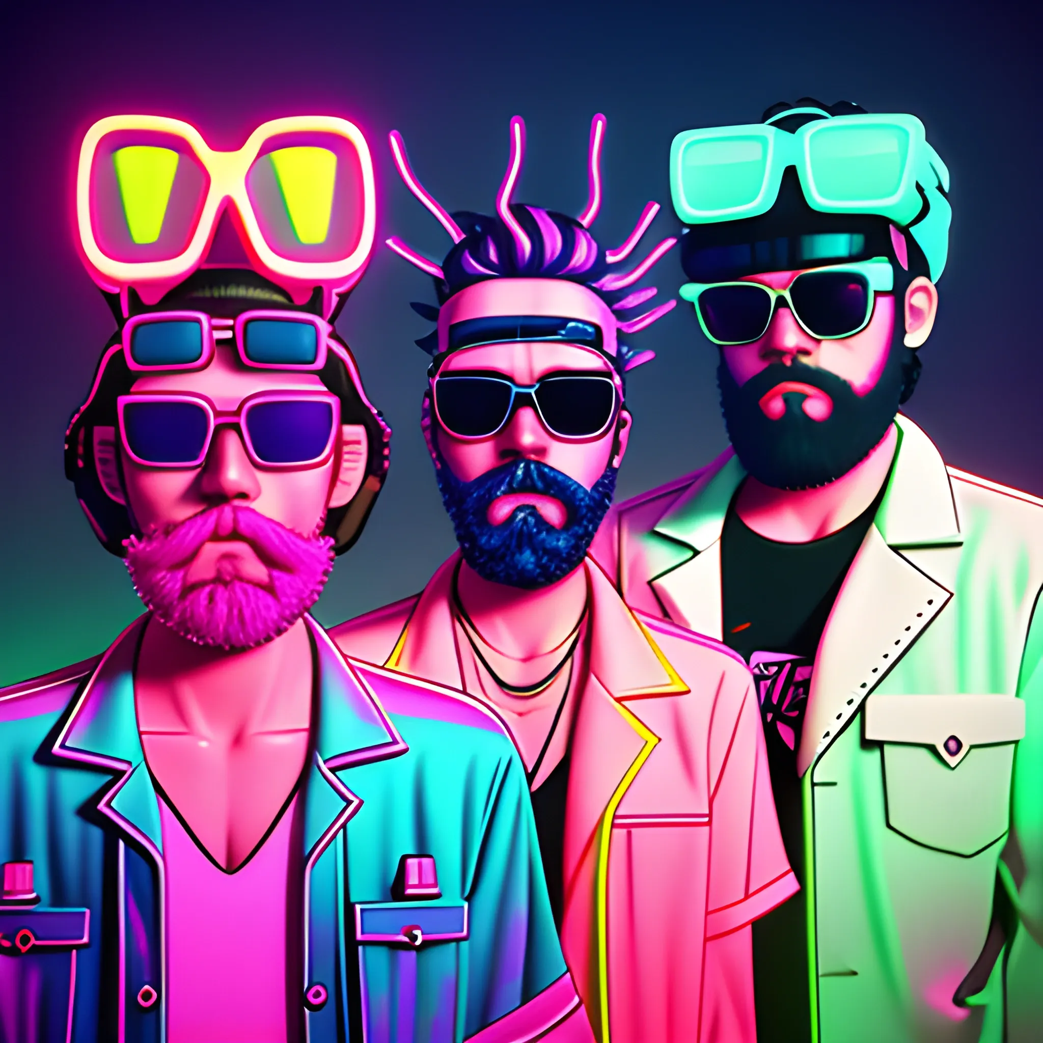 Vaporwave aesthetic totem-pole of minced beef wearing Shutter shades with bearded hipsters posing to the side in neon fashion wear and skirts, synthwave, Synthwave sun, outrun, ray-bans, raytracing, 3d render
