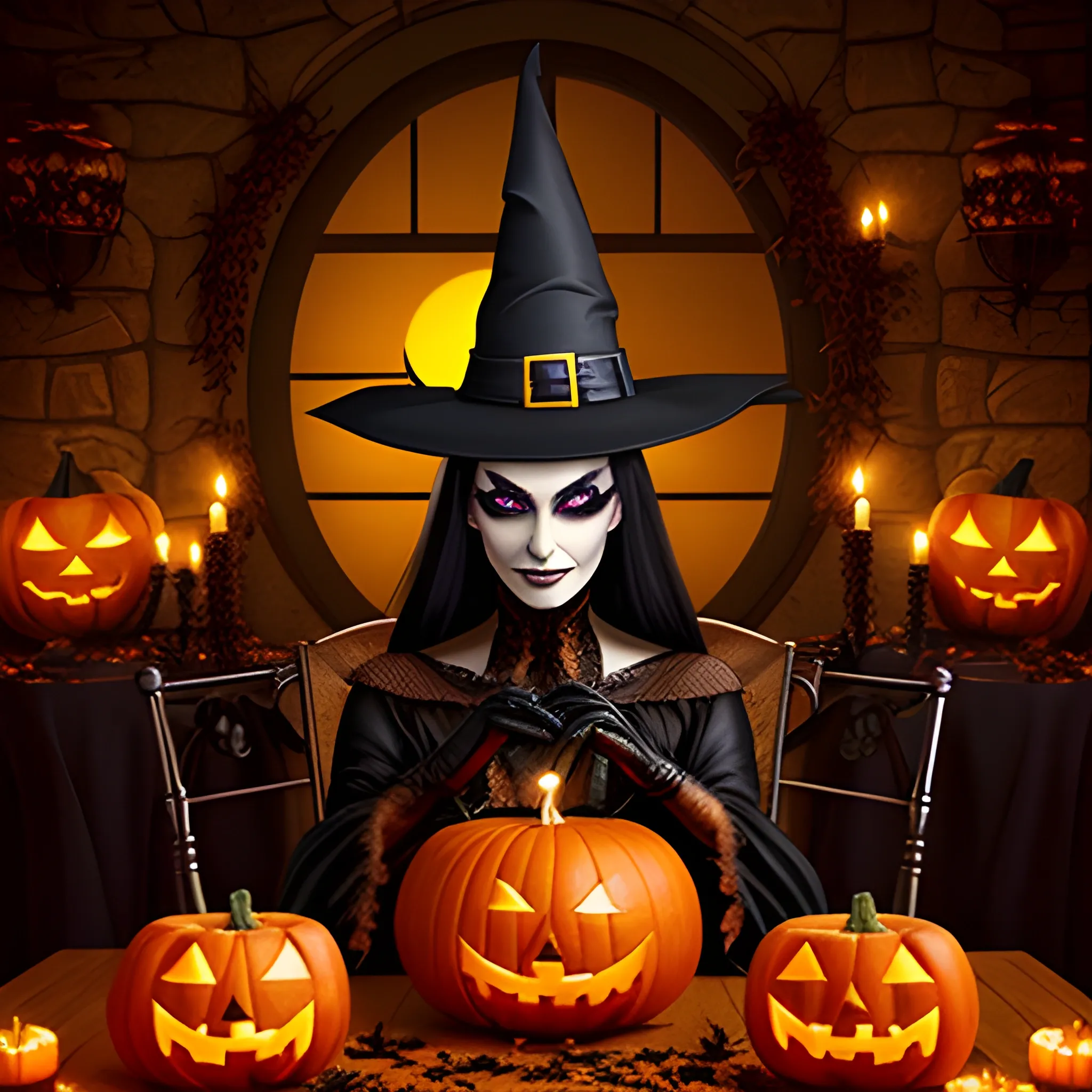 Halloween. In the castle on the table are: a large pumpkin with candles and two small pumpkins. A witch is standing next to it, on her head she has a hat like wizards. A big black cat with green eyes is sitting on a chair near the witch. A big black raven with shiny black eyes sits on the witch's shoulder. , 3D