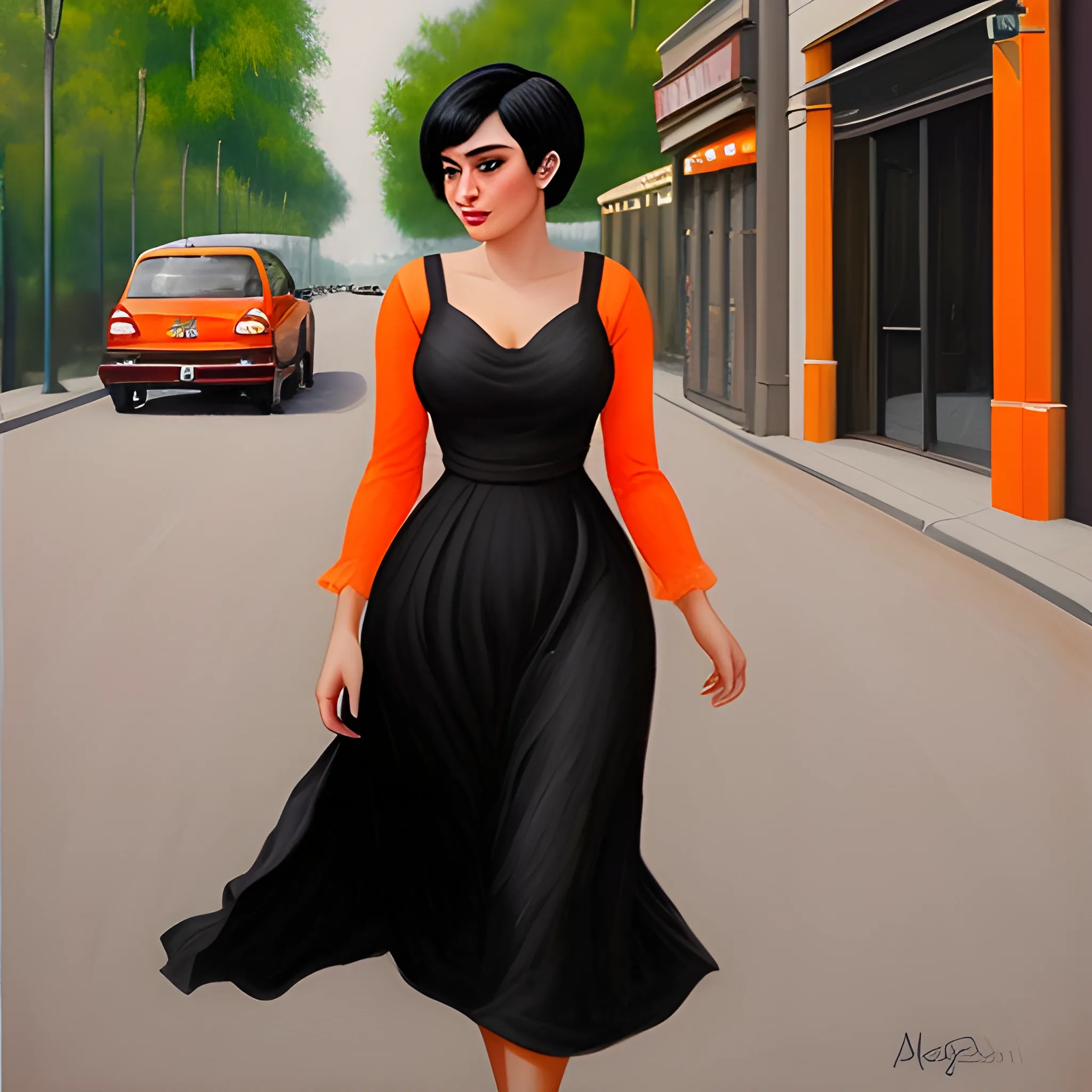 A 20-year-old young woman with short black hair, an innocent and beautiful face, wearing an orange long dress, walking on the street, oil painting style