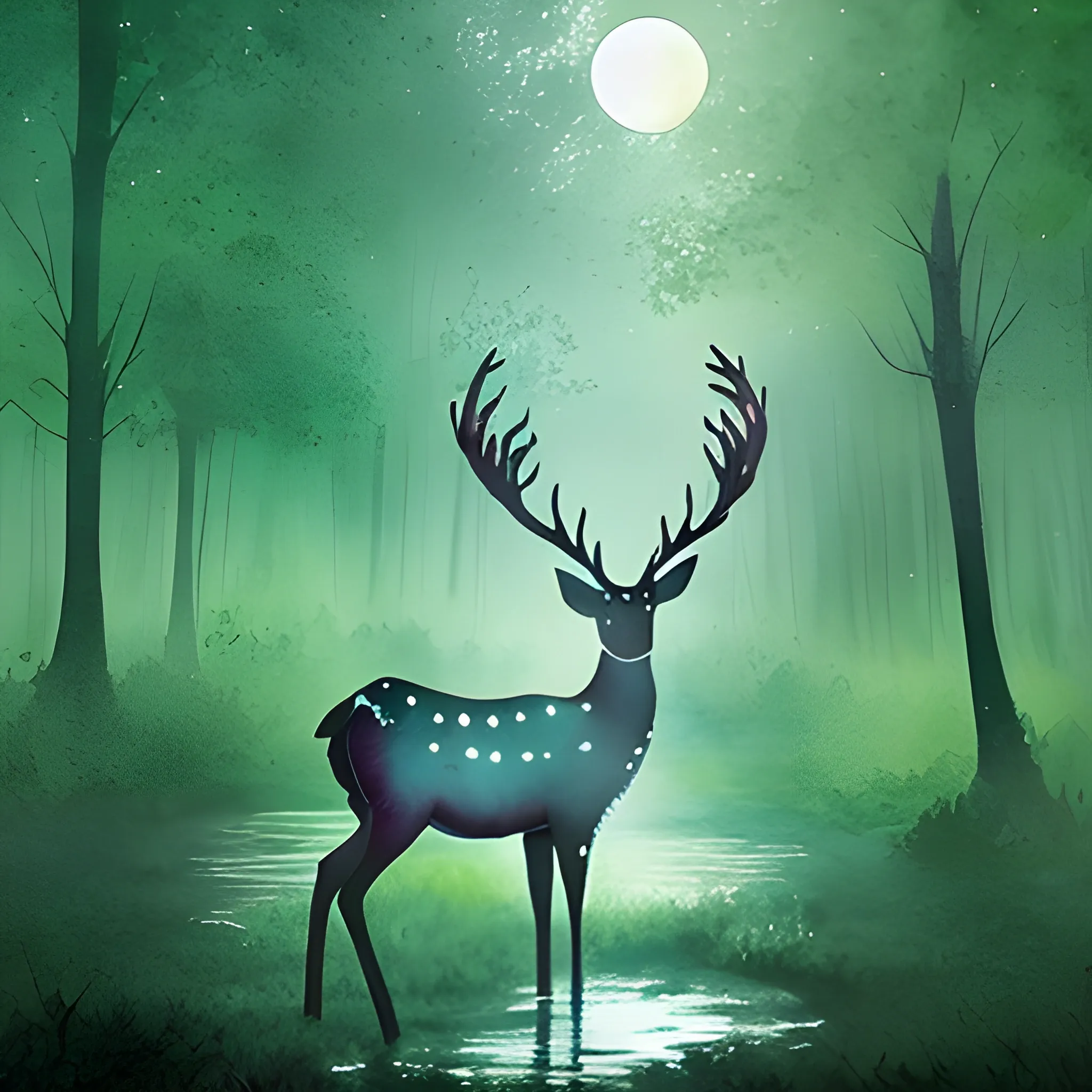 A deer made of moonlight in the middle of a dreamy beautiful lush forest, Water Color, 3D