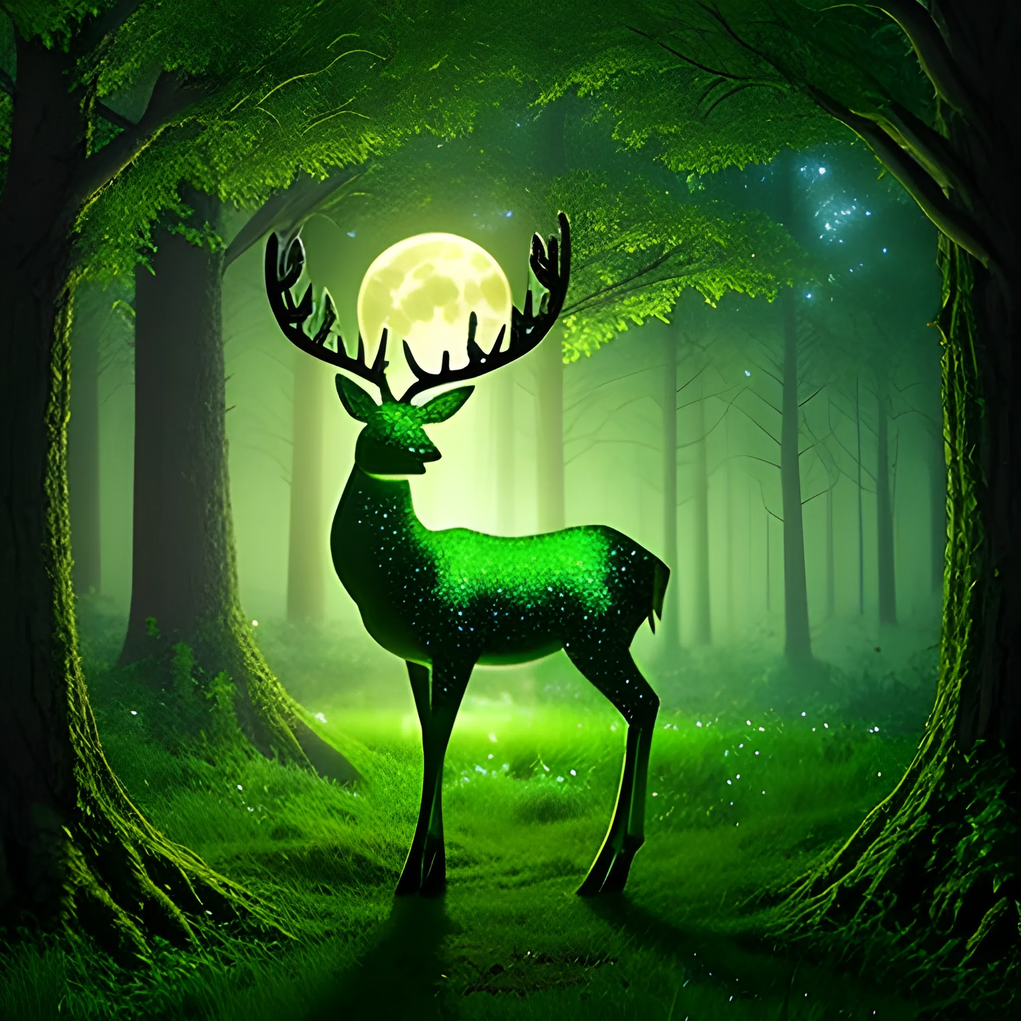 A dreamy beautiful green forest, a glittering deer made entirely of moonlight, 3D