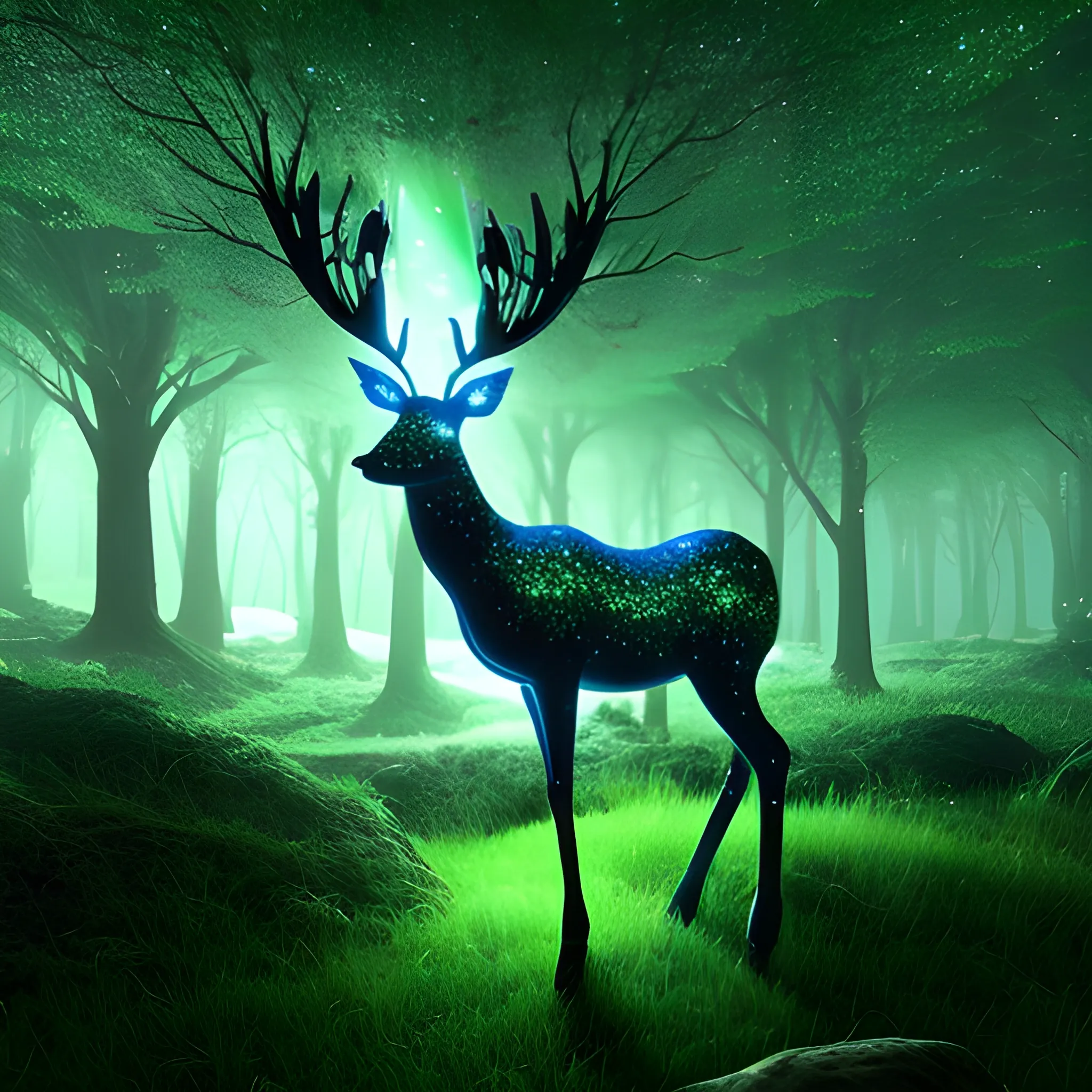 A beautiful green forest, a sparkling deer made entirely of moonlight, 3D, Fantasy, Electric Colors