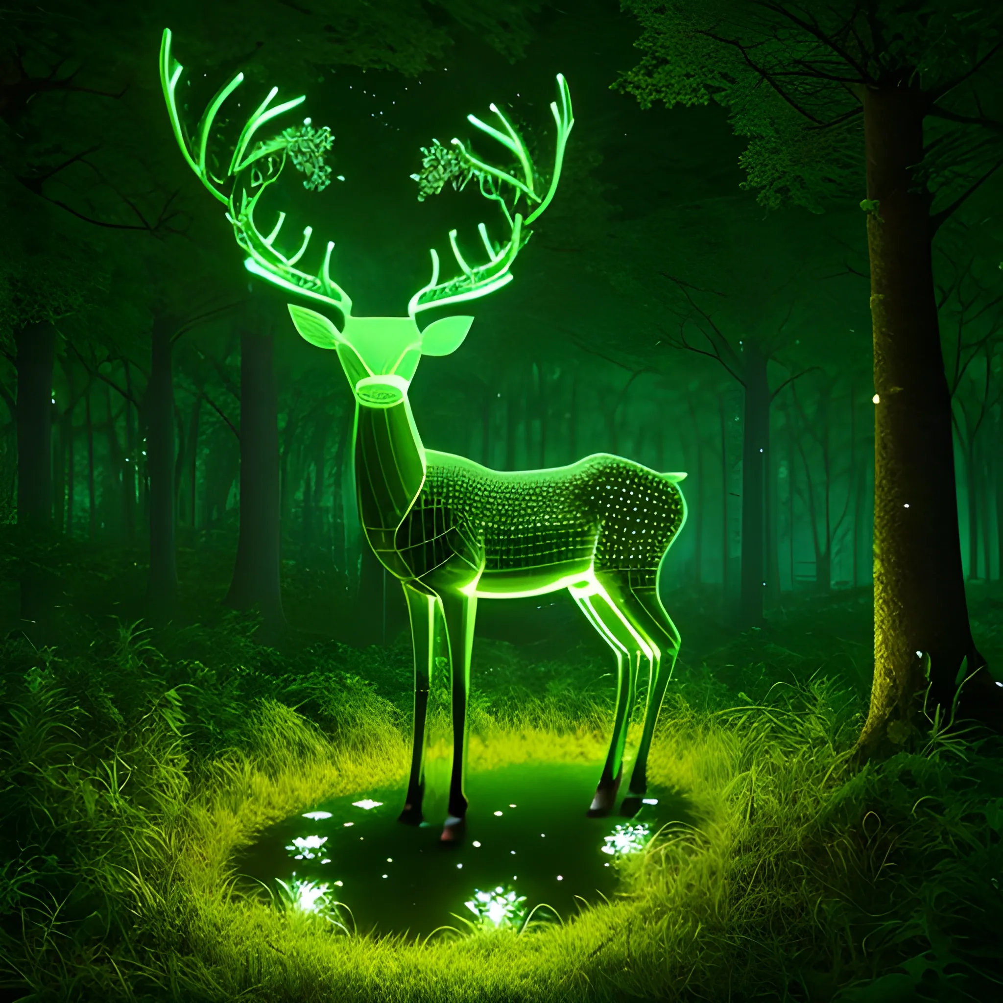 A beautiful green forest, a sparkling deer made entirely of moonlight, 3D, Fantasy, Neon, Realistic