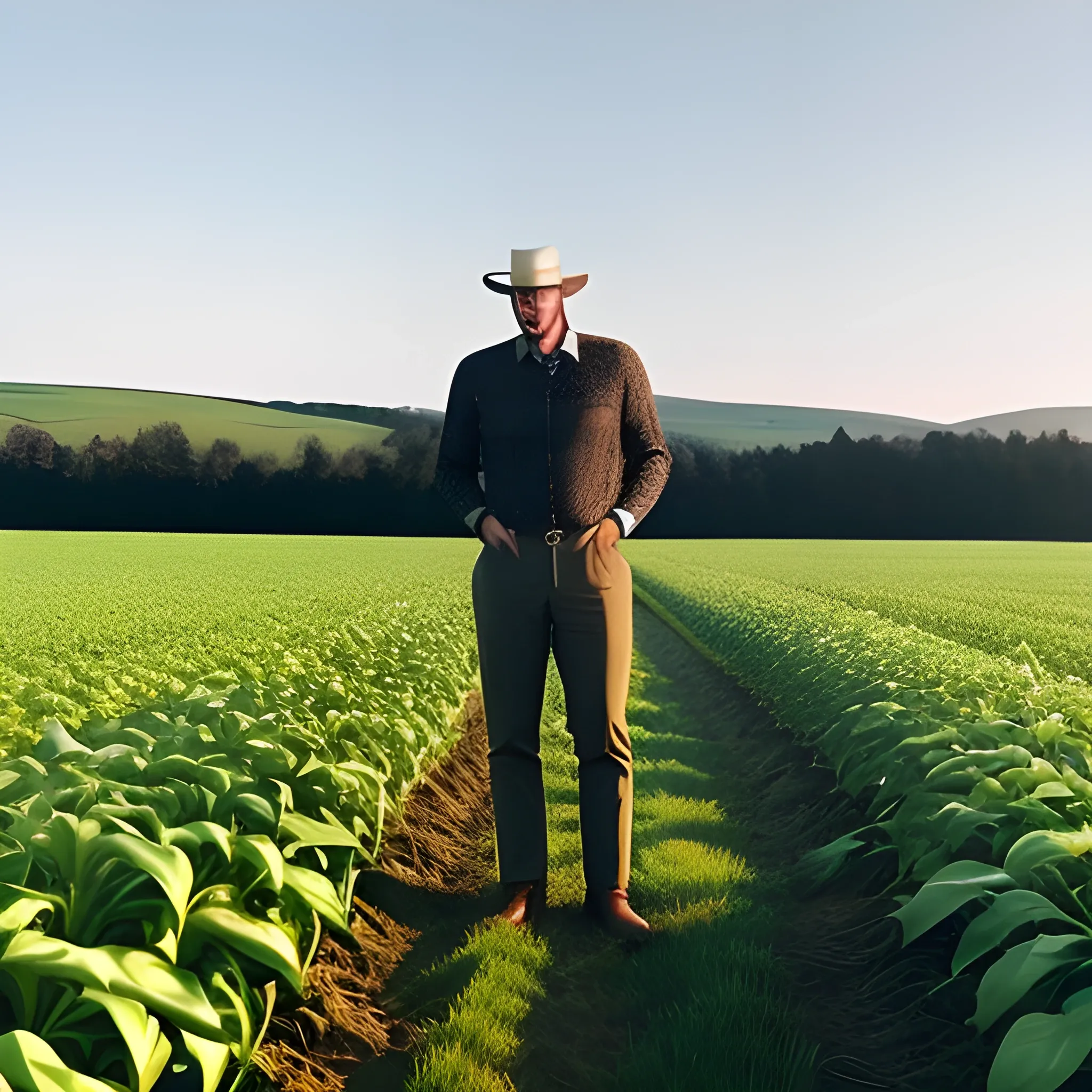 A young girl wearing a cowboy hat stands in a farm field, style is lifestyle, Trippy