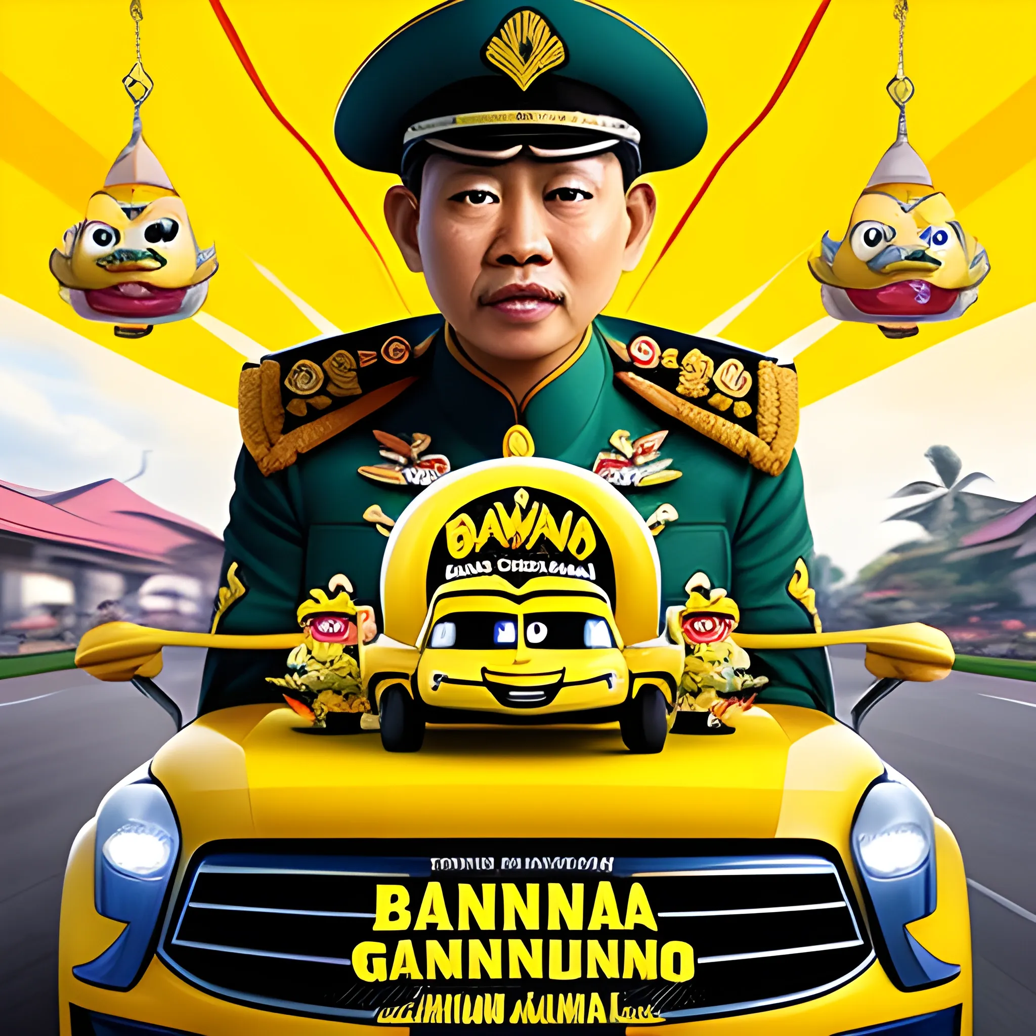 the indonesian general santos gunawan matondang as a pixar movie cover driving in a car with a title saying "Banana" 