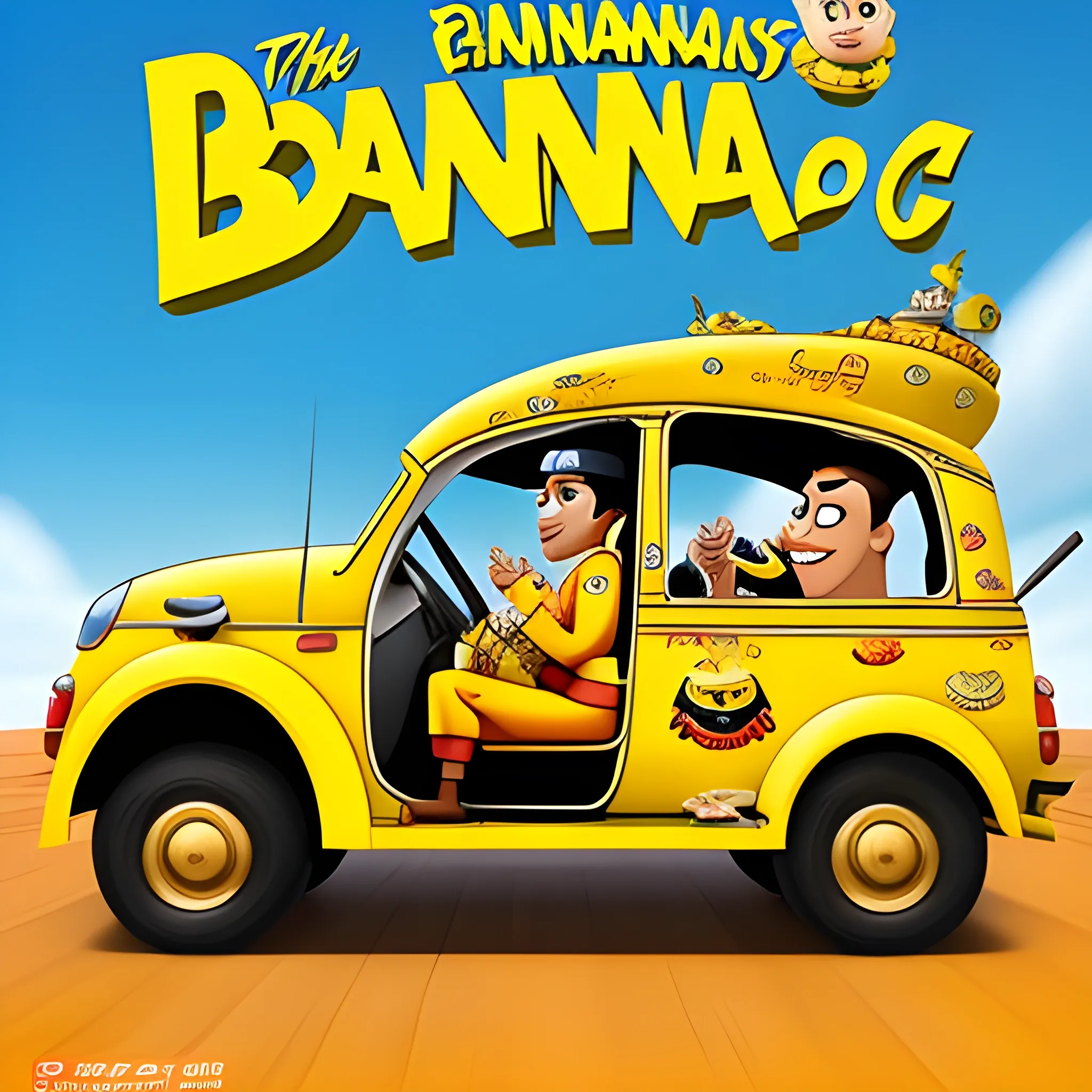 the indonesian general santos gunawan matondang as a pixar movie cover driving in a car with a title saying "Banana" , Cartoon