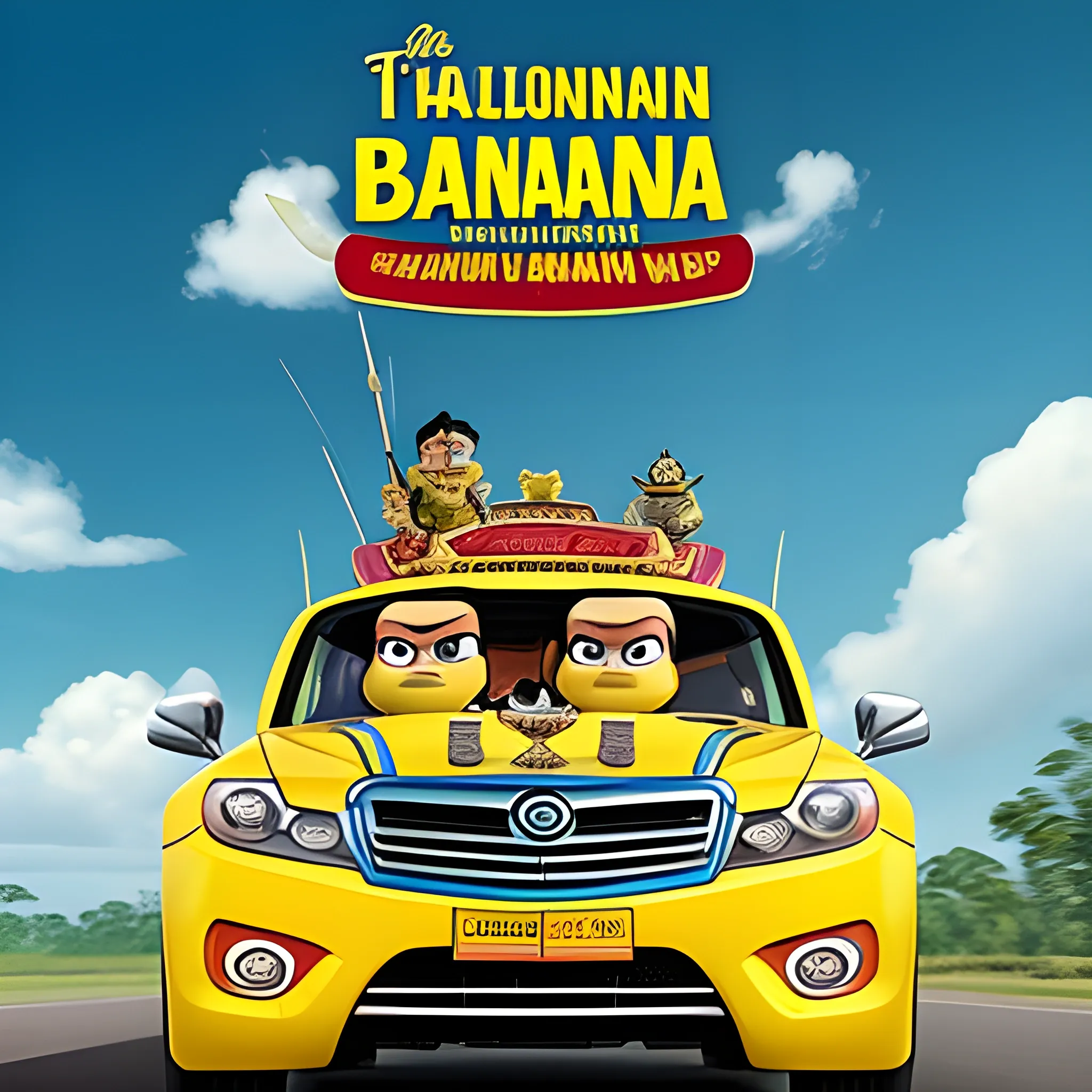 the indonesian general santos gunawan matondang as a pixar movie cover driving in a car with a title saying "Banana"