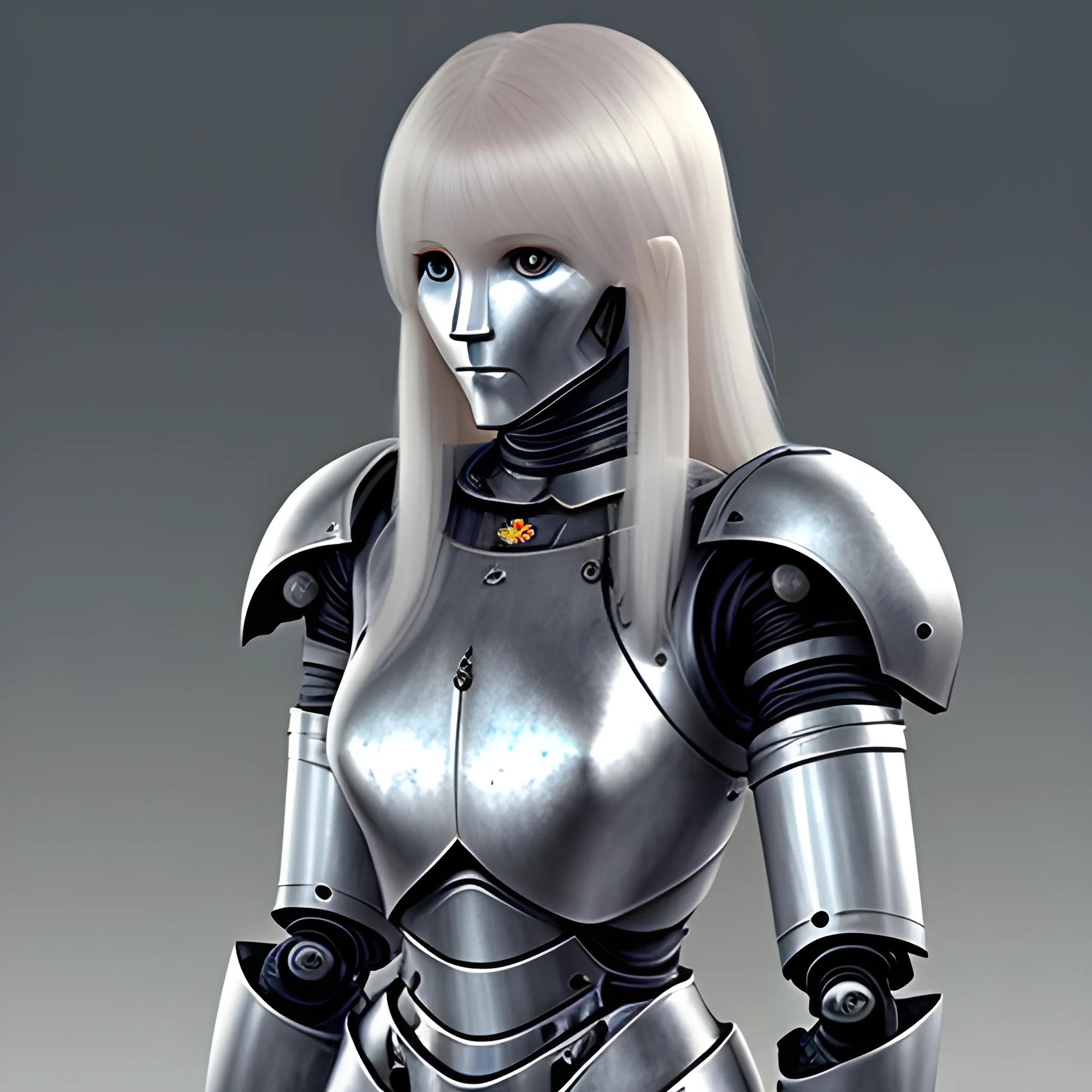 Very pale, female, knight in black armour, waist-length hair, Robot arms