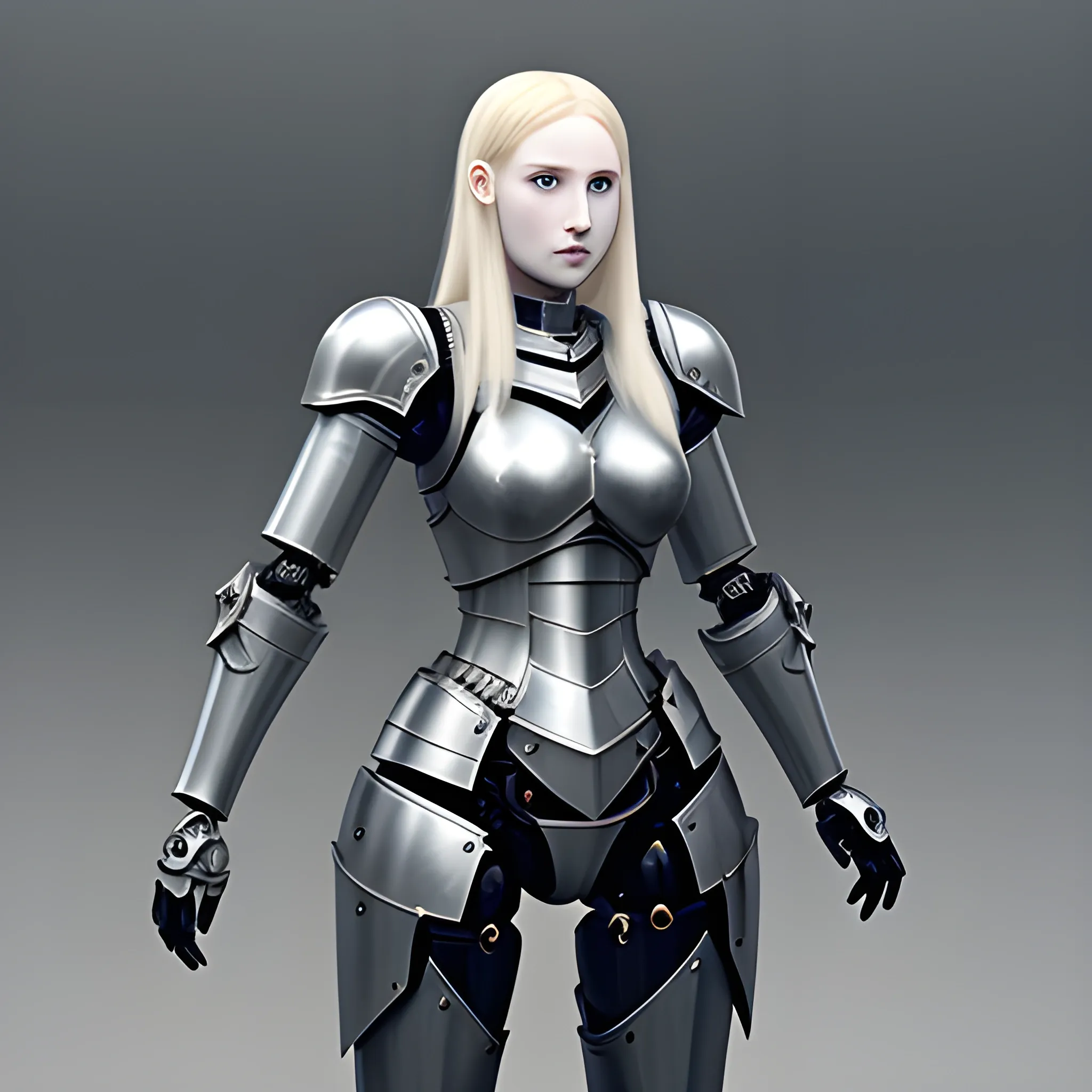 Very pale, female, knight in black armour, waist-length hair, Robot arms