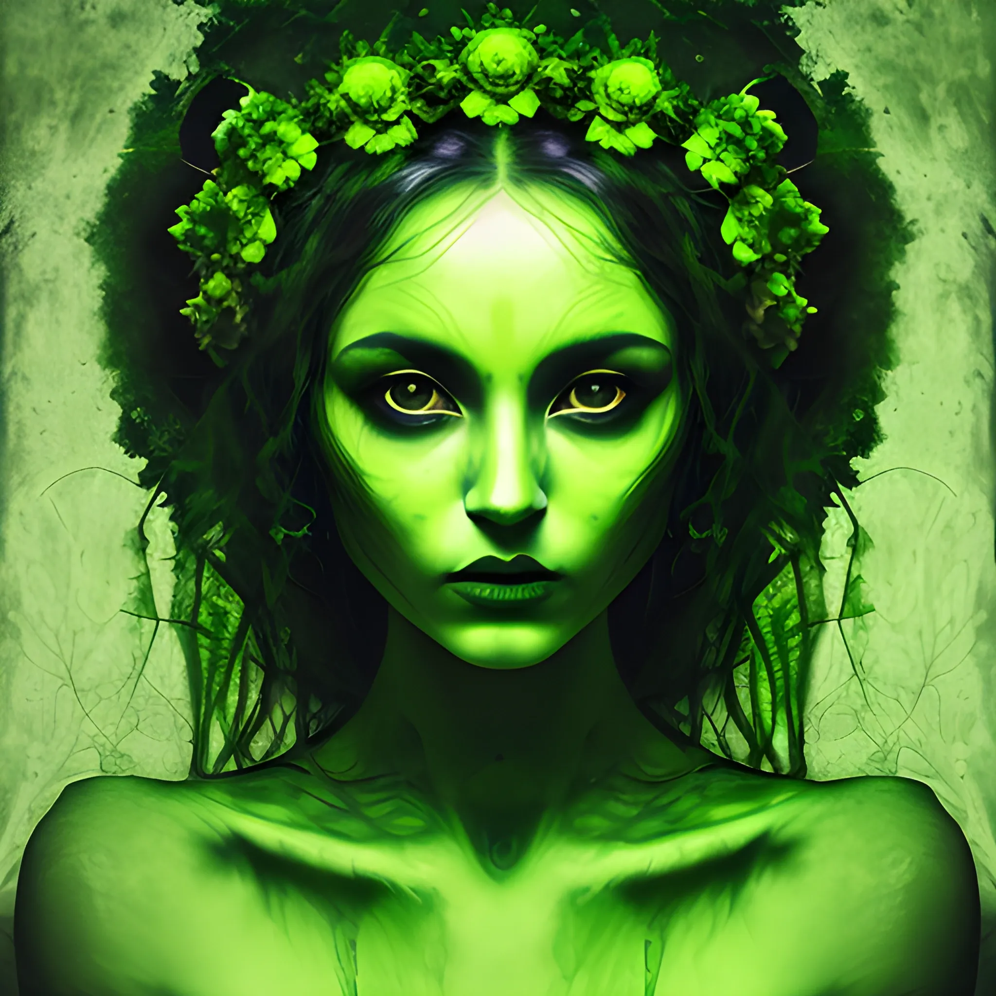 green mysterious woman, portrait version, deep and artistic, masterwork