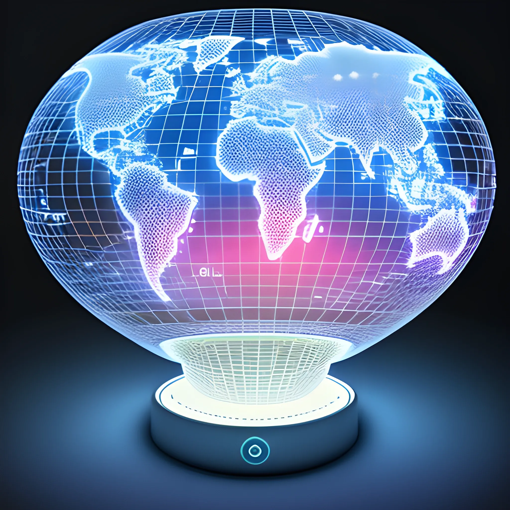 Internet map, divided by low-resolution spheres, projected onto a holographic menu, from a tablet, in dramatic light., 3D