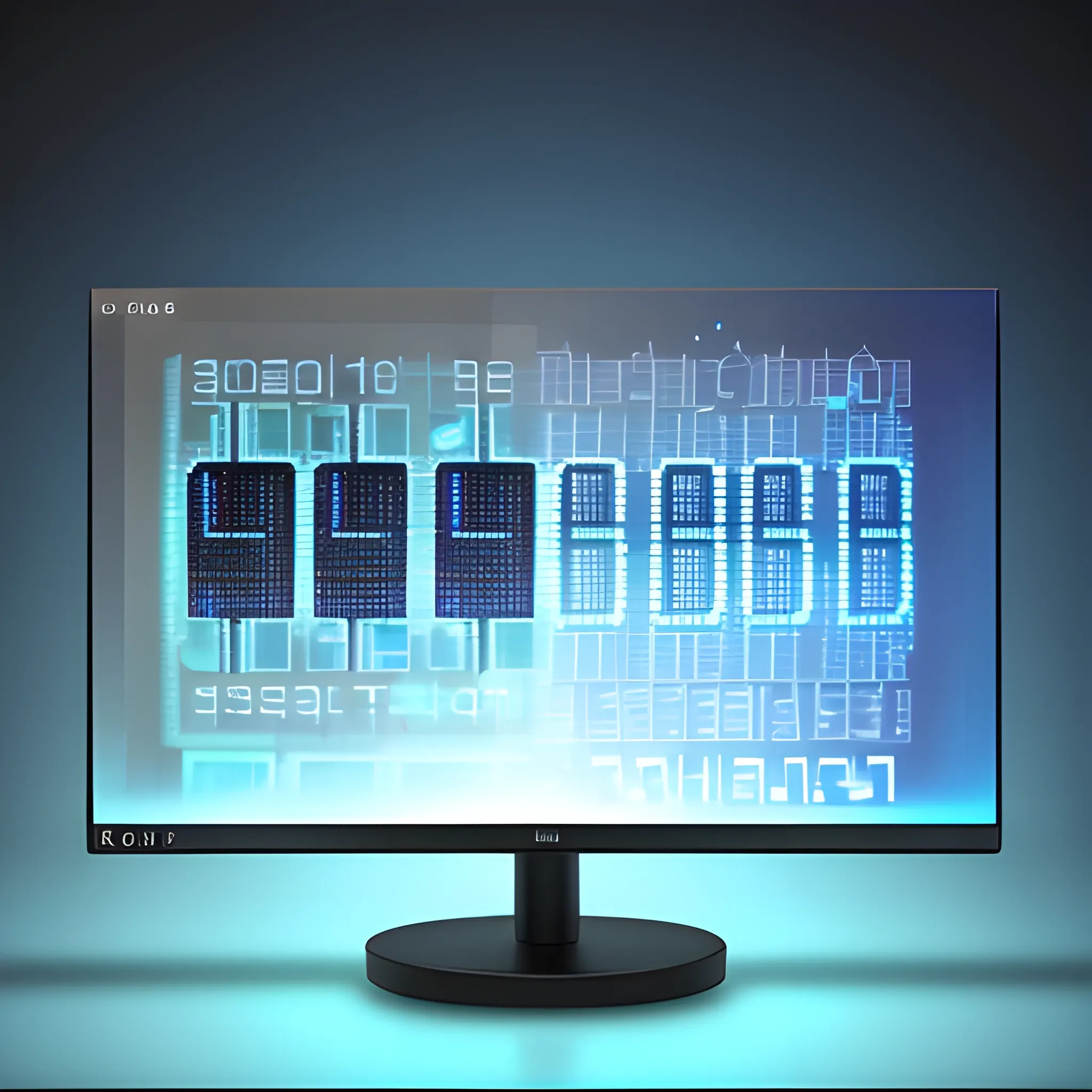 file folder hologram half binary code, monitor light, with binary background that forms a city