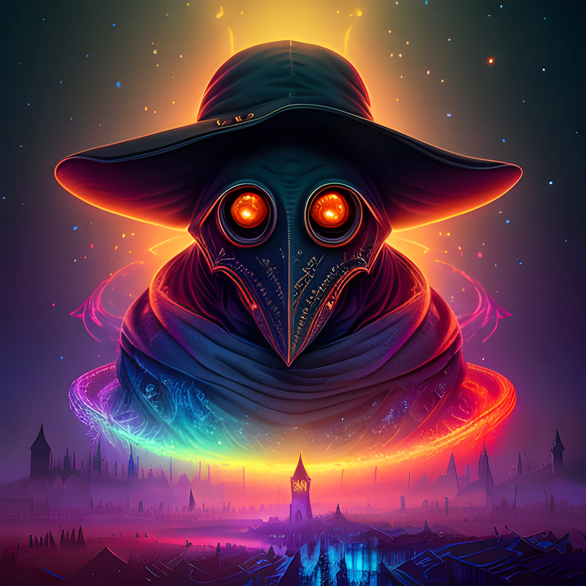 Plague Doctor, looming ominously, harbinger, Armageddon, nebula sky, luminous colorful sparkles, ominous, eldritch, macabre, spooky; by James R. Eads, Gawki, rajewel, Tania Rivilis, Dan Mumford, glitter, airbrush, Octane Render, elegant, volumetric lighting, 16k; detailed matte painting, deep color, fantastical, intricate detail, splash screen, complementary colors, fantasy concept art, 8k resolution trending on Artstation Unreal Engine 5, hat, red eyes