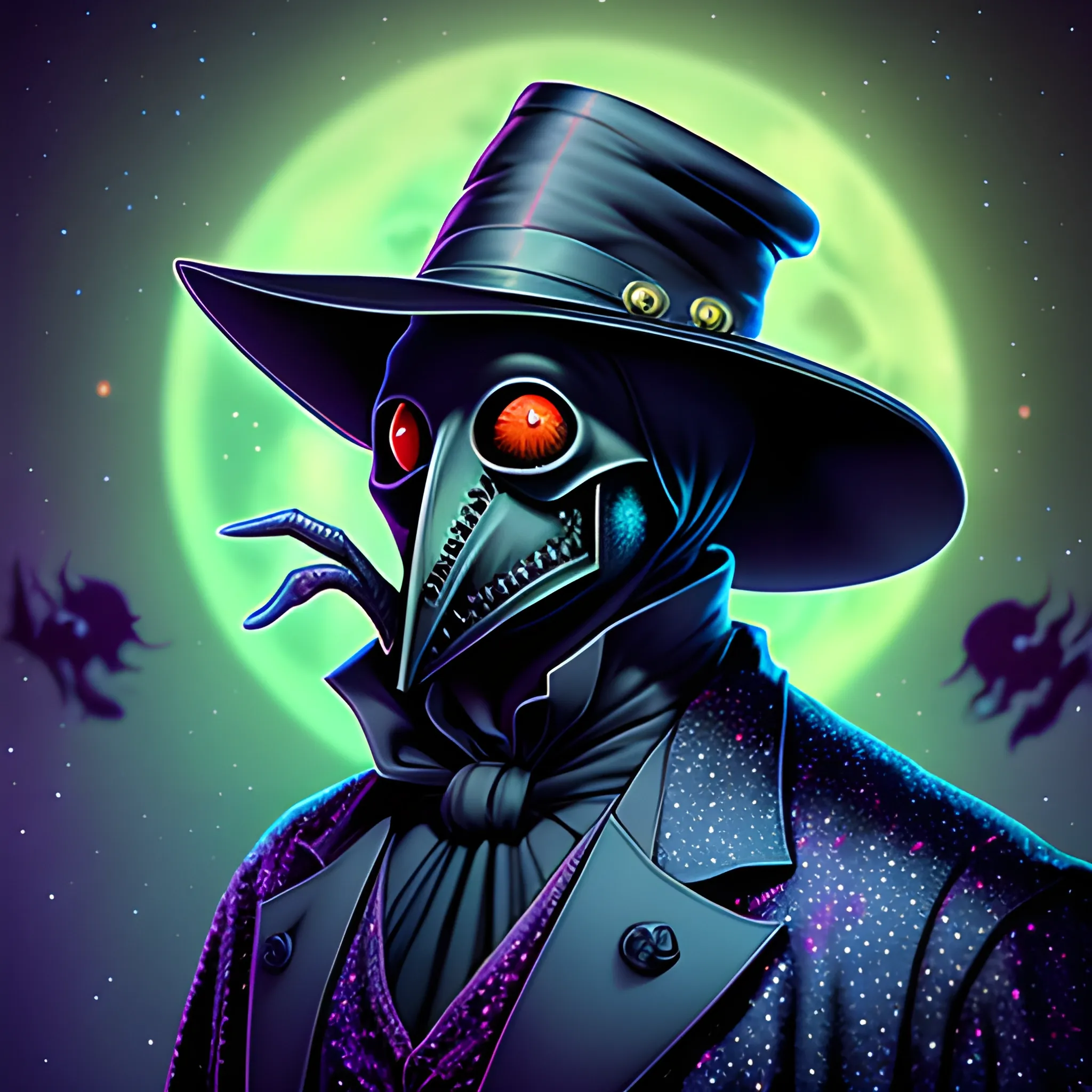 Plague Doctor, looming ominously, harbinger, Armageddon, nebula sky, luminous colorful sparkles, ominous, eldritch, macabre, spooky; by James R. Eads, Gawki, rajewel, Tania Rivilis, Dan Mumford, glitter, airbrush, Octane Render, elegant, volumetric lighting, 16k; detailed matte painting, deep color, fantastical, intricate detail, splash screen, complementary colors, fantasy concept art, 8k resolution trending on Artstation Unreal Engine 5, hat, red eyes, suit and tie, plague doctor mask, skull