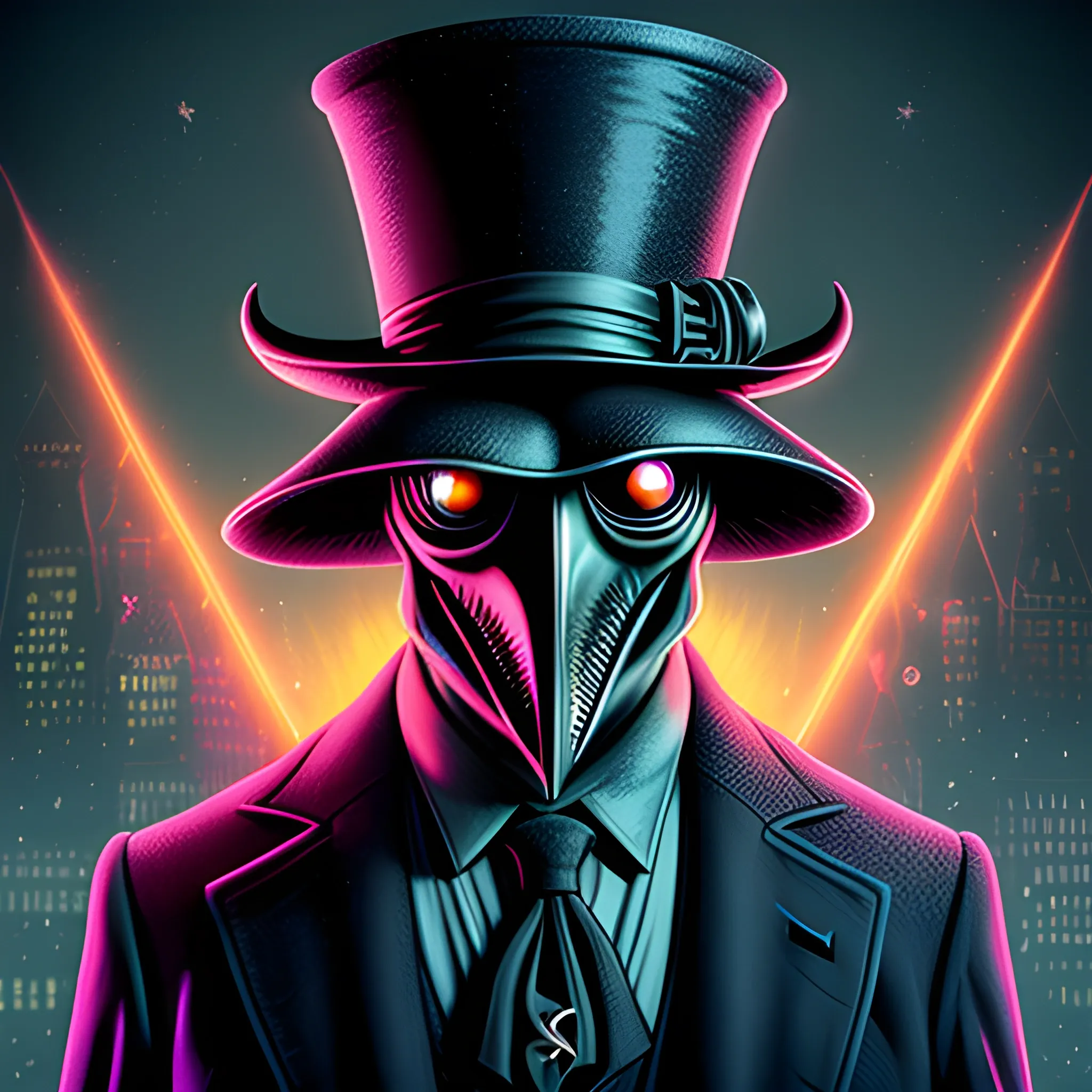 Plague Doctor, looming ominously, harbinger, Armageddon, nebula sky, luminous colorful sparkles, ominous, eldritch, macabre, spooky; by James R. Eads, Gawki, rajewel, Tania Rivilis, Dan Mumford, glitter, airbrush, Octane Render, elegant, volumetric lighting, 16k; detailed matte painting, deep color, fantastical, intricate detail, splash screen, complementary colors, fantasy concept art, 8k resolution trending on Artstation Unreal Engine 5, top  hat, red eyes, suit and tie, plague doctor mask, standing