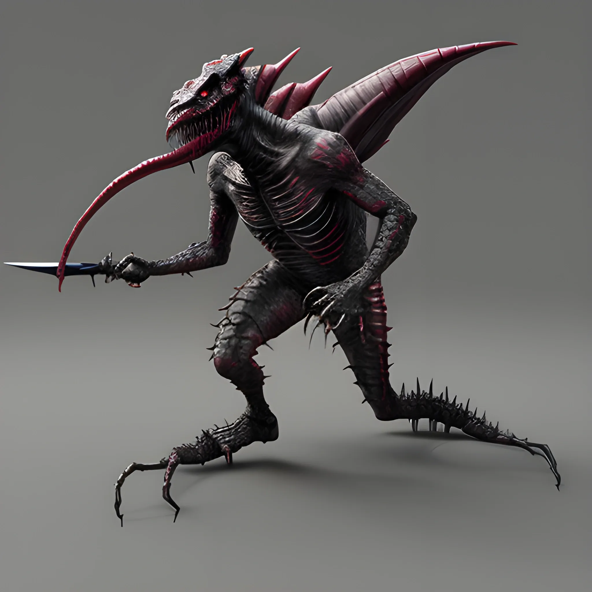 Image for NFT creature. Living Dead. It looks predatory and dangerous. With a weapon in his hands., 3D