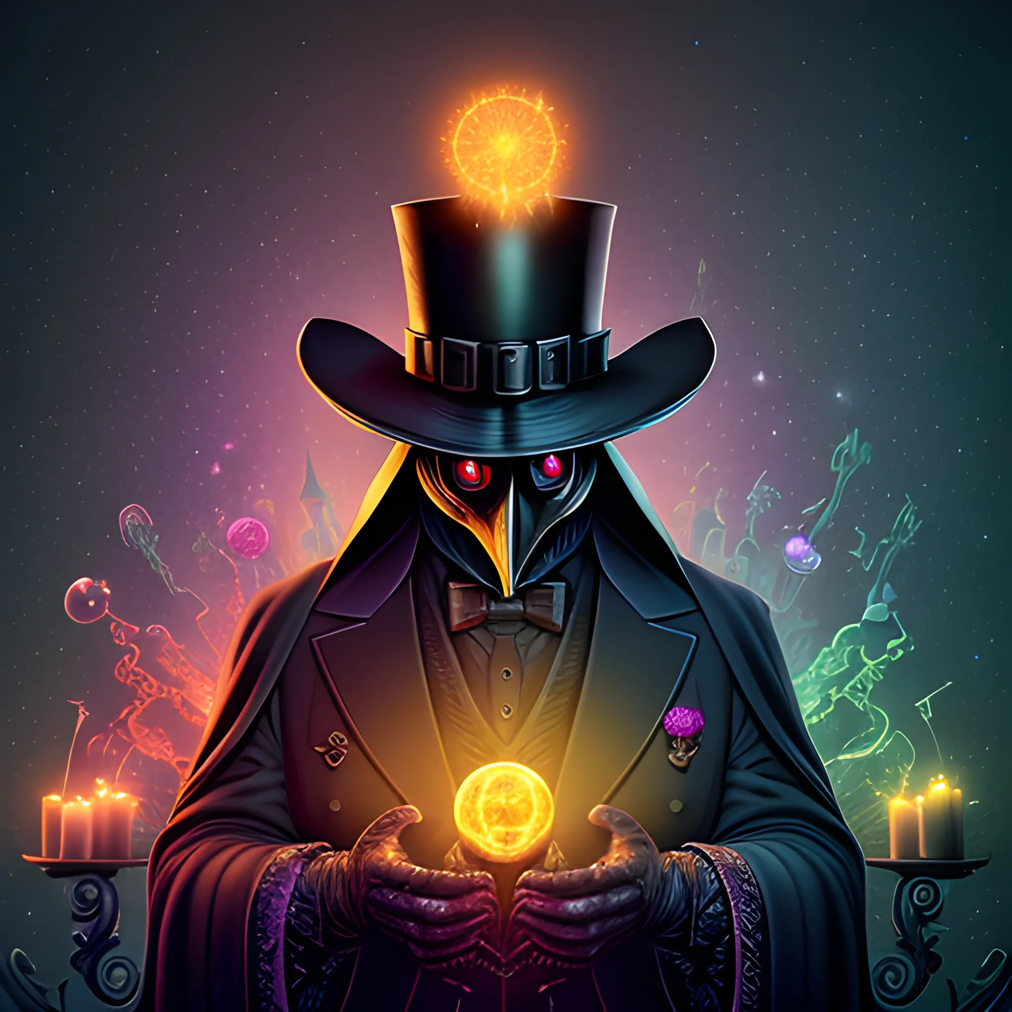 Plague Doctor, looming ominously, harbinger, Armageddon, nebula sky, luminous colorful sparkles, ominous, eldritch, macabre, spooky; by James R. Eads, Gawki, rajewel, Tania Rivilis, Dan Mumford, glitter, airbrush, Octane Render, elegant, volumetric lighting, 16k; detailed matte painting, deep color, fantastical, intricate detail, splash screen, complementary colors, fantasy concept art, 8k resolution trending on Artstation Unreal Engine 5, top hat, red eyes, suit and tie, plague doctor mask, , candles, magic cauldron, potions, bubbles, big cauldron, magic