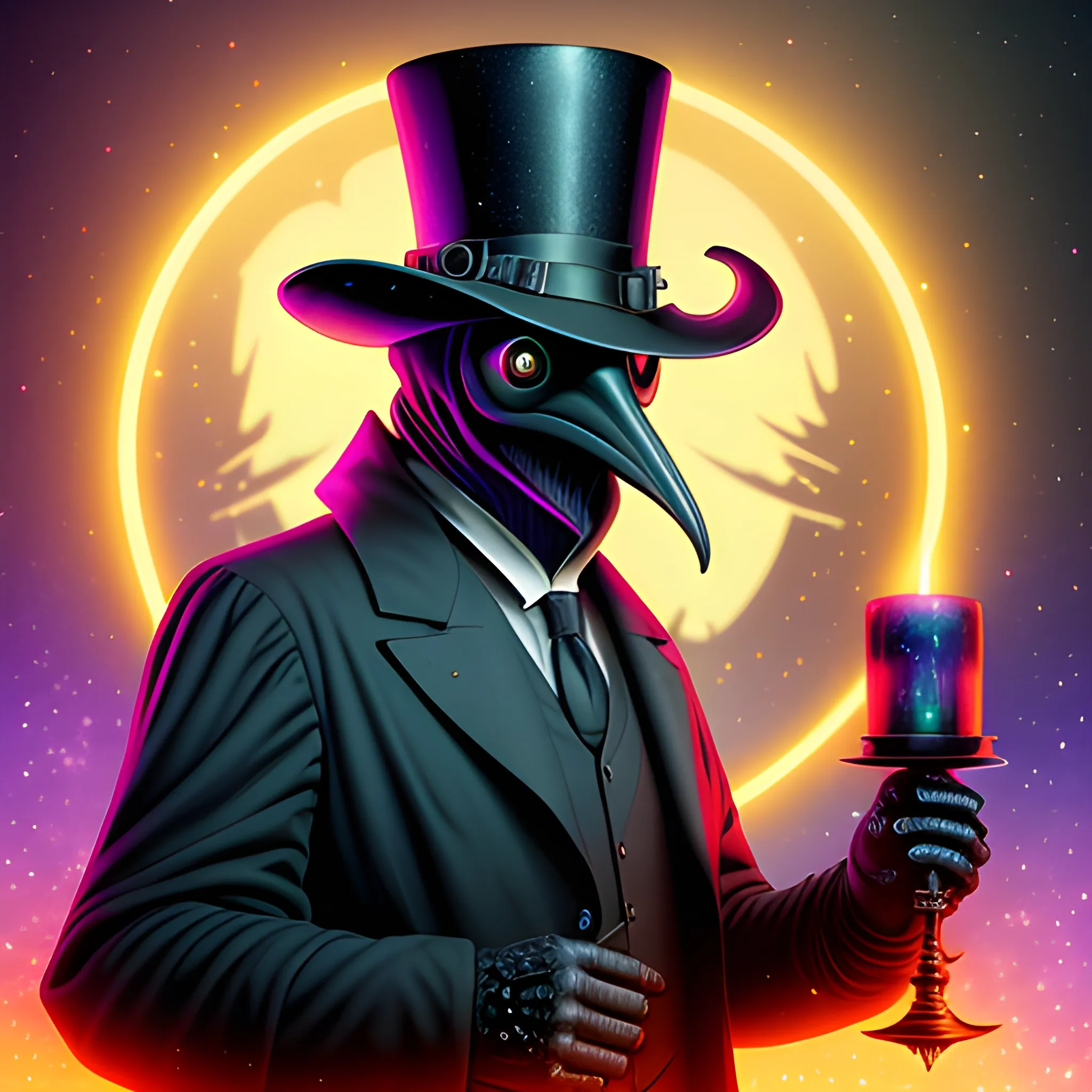 Plague Doctor, looming ominously, harbinger, Armageddon, nebula sky, luminous colorful sparkles, ominous, eldritch, macabre, spooky; by James R. Eads, Gawki, rajewel, Tania Rivilis, Dan Mumford, glitter, airbrush, Octane Render, elegant, volumetric lighting, 16k; detailed matte painting, deep color, fantastical, intricate detail, splash screen, complementary colors, fantasy concept art, 8k resolution trending on Artstation Unreal Engine 5, top hat, red eyes, suit and tie, plague doctor mask, , candles, give a hand, showing hand