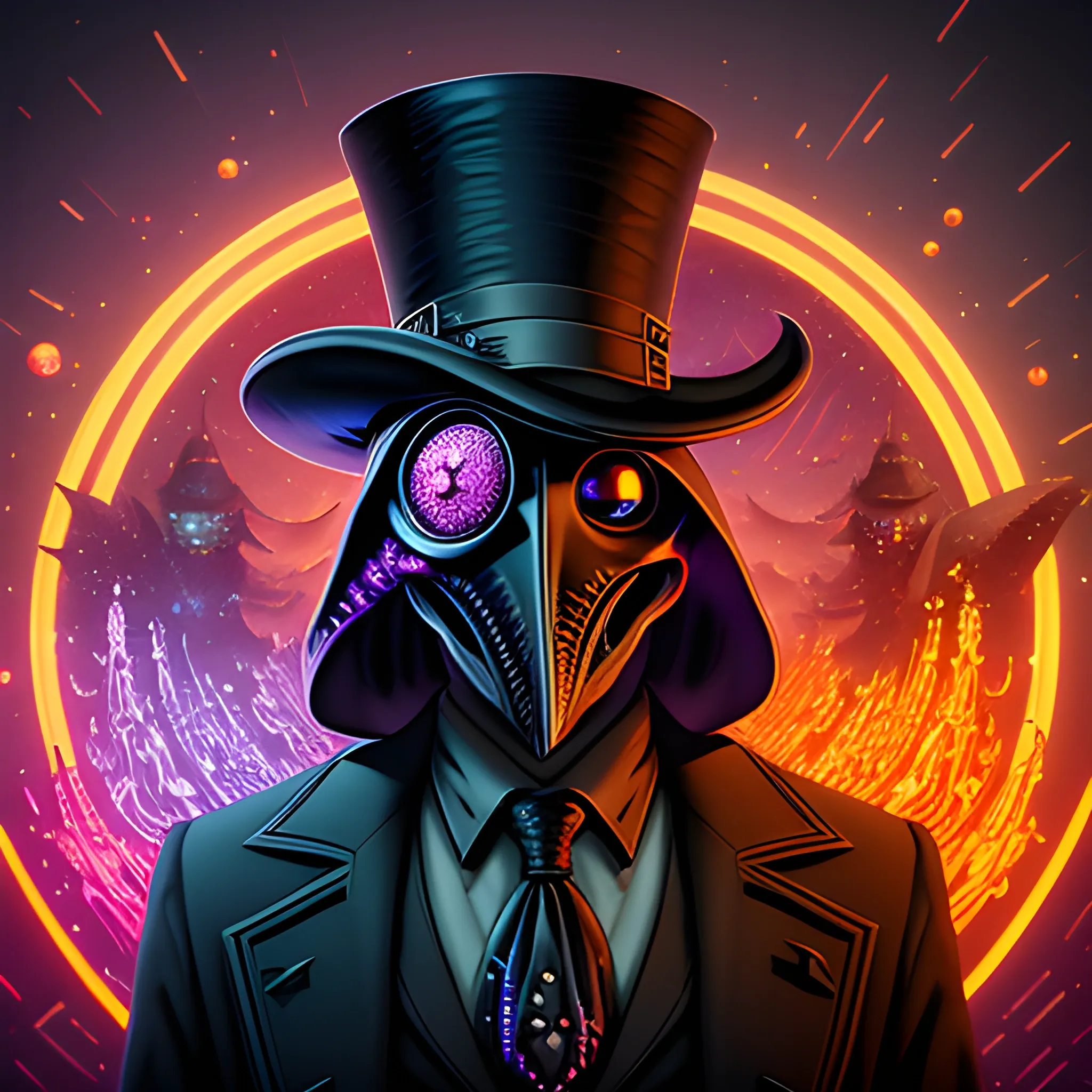 Plague Doctor, looming ominously, harbinger, Armageddon, nebula sky, luminous colorful sparkles, ominous, eldritch, macabre, spooky; by James R. Eads, Gawki, rajewel, Tania Rivilis, Dan Mumford, glitter, airbrush, Octane Render, elegant, volumetric lighting, 16k; detailed matte painting, deep color, fantastical, intricate detail, splash screen, complementary colors, fantasy concept art, 8k resolution trending on Artstation Unreal Engine 5, top hat, red eyes, suit and tie, plague doctor mask, potions, prepare potions, cooking