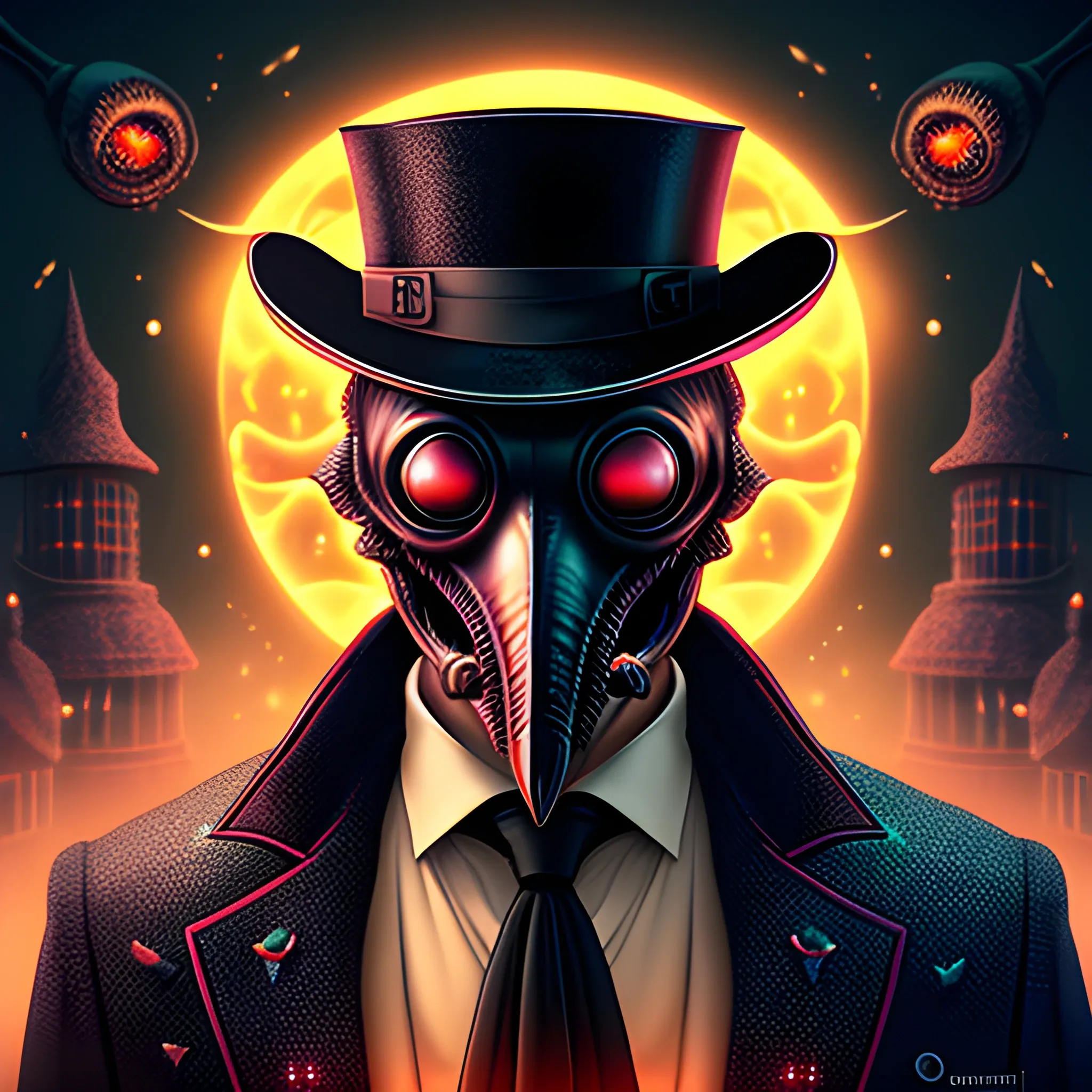 Plague Doctor, looming ominously, harbinger, Armageddon, nebula sky, luminous colorful sparkles, ominous, eldritch, macabre, spooky; by James R. Eads, Gawki, rajewel, Dan Mumford, glitter, airbrush, Octane Render, elegant, volumetric lighting, 16k; detailed matte painting, deep color, fantastical, intricate detail, splash screen, complementary colors, fantasy concept art, 8k resolution trending on Artstation Unreal Engine 5, top  hat, red eyes, suit and tie, plague doctor mask, 