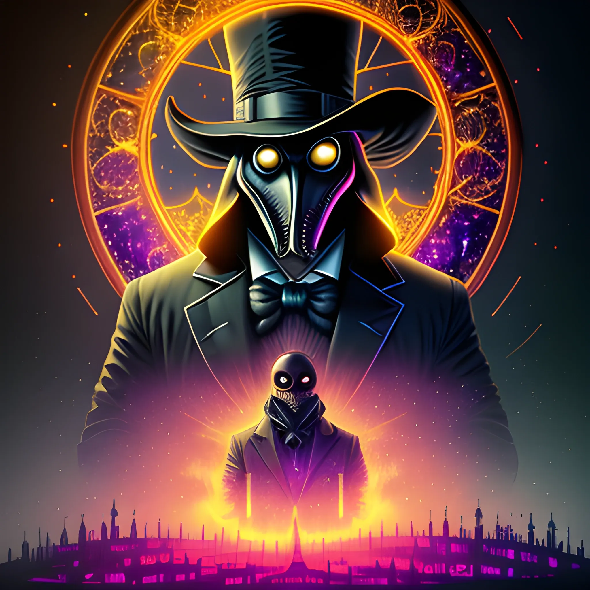 Plague Doctor, looming ominously, harbinger, Armageddon, nebula sky, luminous colorful sparkles, ominous, eldritch, macabre, spooky; by James R. Eads, Gawki, rajewel, Dan Mumford, glitter, airbrush, Octane Render, elegant, volumetric lighting, 16k; detailed matte painting, deep color, fantastical, intricate detail, splash screen, complementary colors, fantasy concept art, 8k resolution trending on Artstation Unreal Engine 5, top  hat, red eyes, suit and tie, plague doctor mask, 