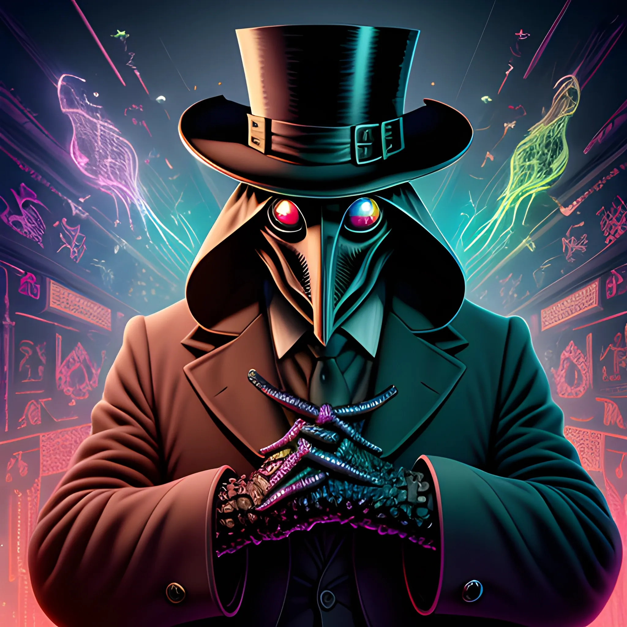 Plague Doctor, looming ominously, harbinger, Armageddon, nebula sky, luminous colorful sparkles, ominous, eldritch, macabre, spooky; by James R. Eads, Gawki, rajewel, Tania Rivilis, Dan Mumford, glitter, airbrush, Octane Render, elegant, volumetric lighting, 16k; detailed matte painting, deep color, fantastical, intricate detail, splash screen, complementary colors, fantasy concept art, 8k resolution trending on Artstation Unreal Engine 5, top hat, red eyes, suit and tie, plague doctor mask, hand, show one hand in front, palm, showing the right hand, raise your hand