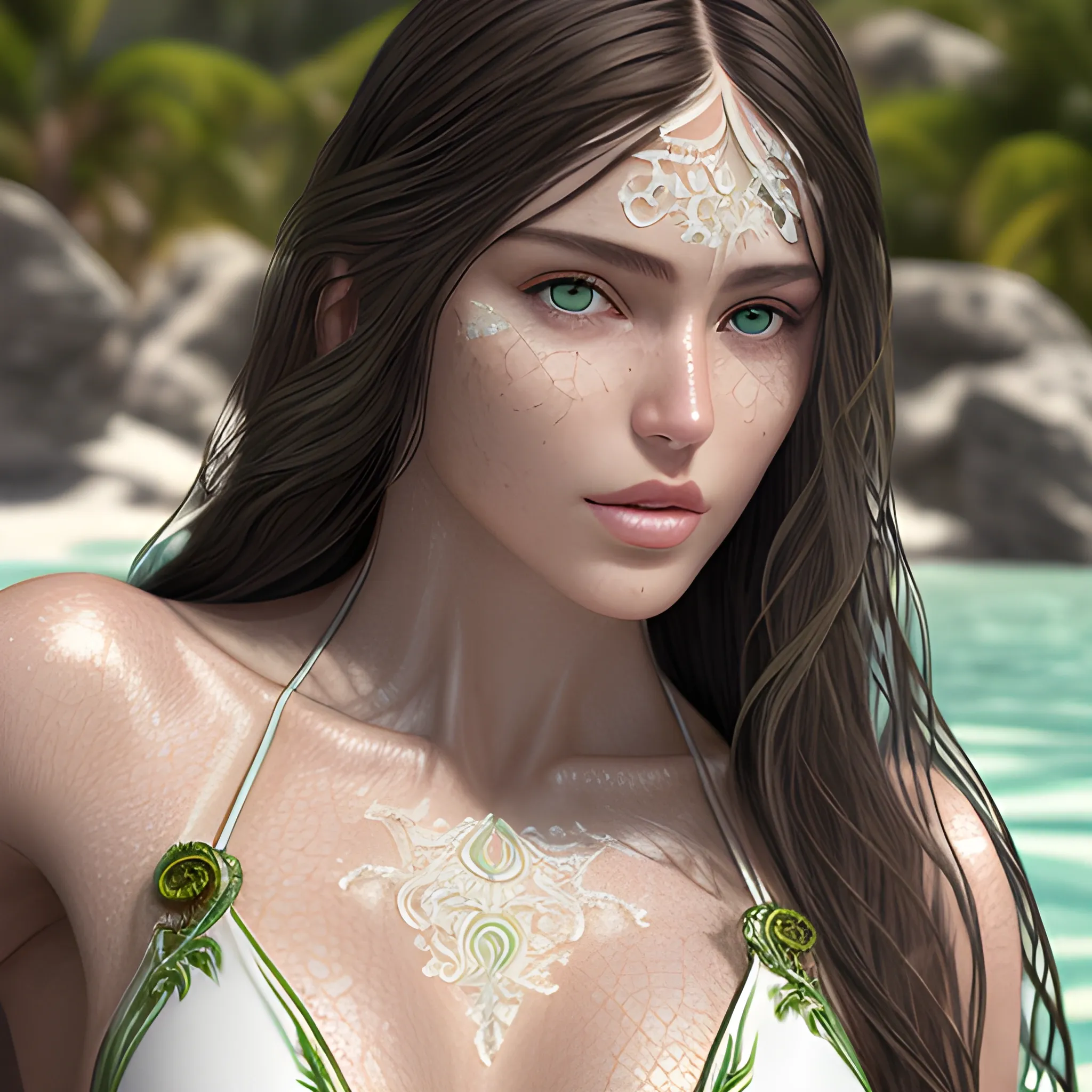 photo, ultra realistic, of a beautiful woman, in white trasparent swimsuit, long dark hair, green eyes, 
highly detailed, fine detail, intricate, ornate, complex